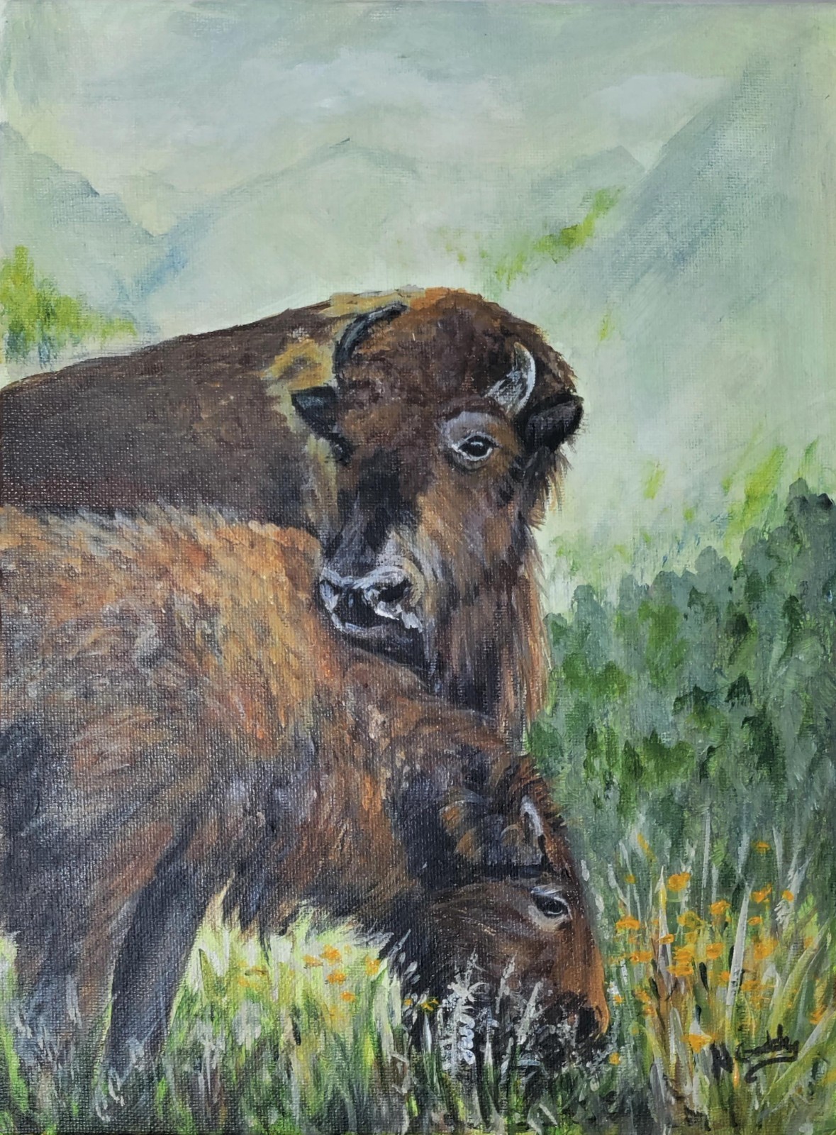 Original Expressive 9 x 12 Bison and Yearling Acrylic on Canvas Painting