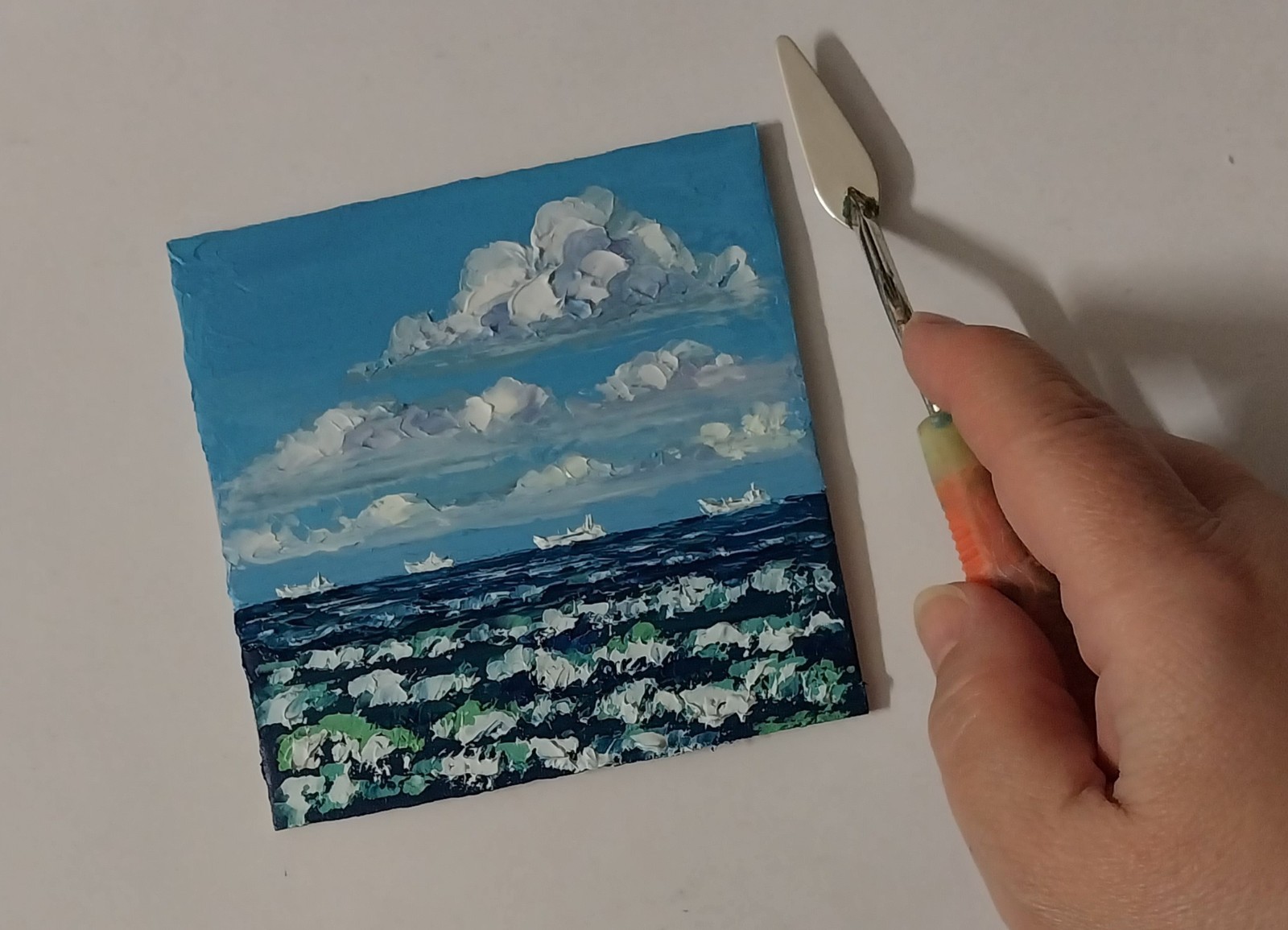 Framed Small Seascape Cloudy Sky Sea Waves Art 4×4 Impasto Oil Painting Original