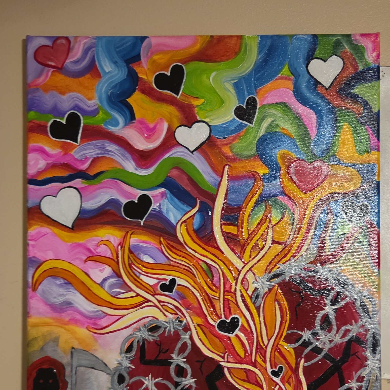 Hand-Painted Abstract Hearts Canvas Painting, Unframed Contemporary Wall Art
