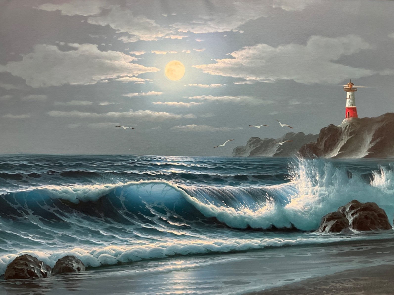 Oil Painting 24×36″ Ocean waves falling under night sky, lighthouse, seagulls