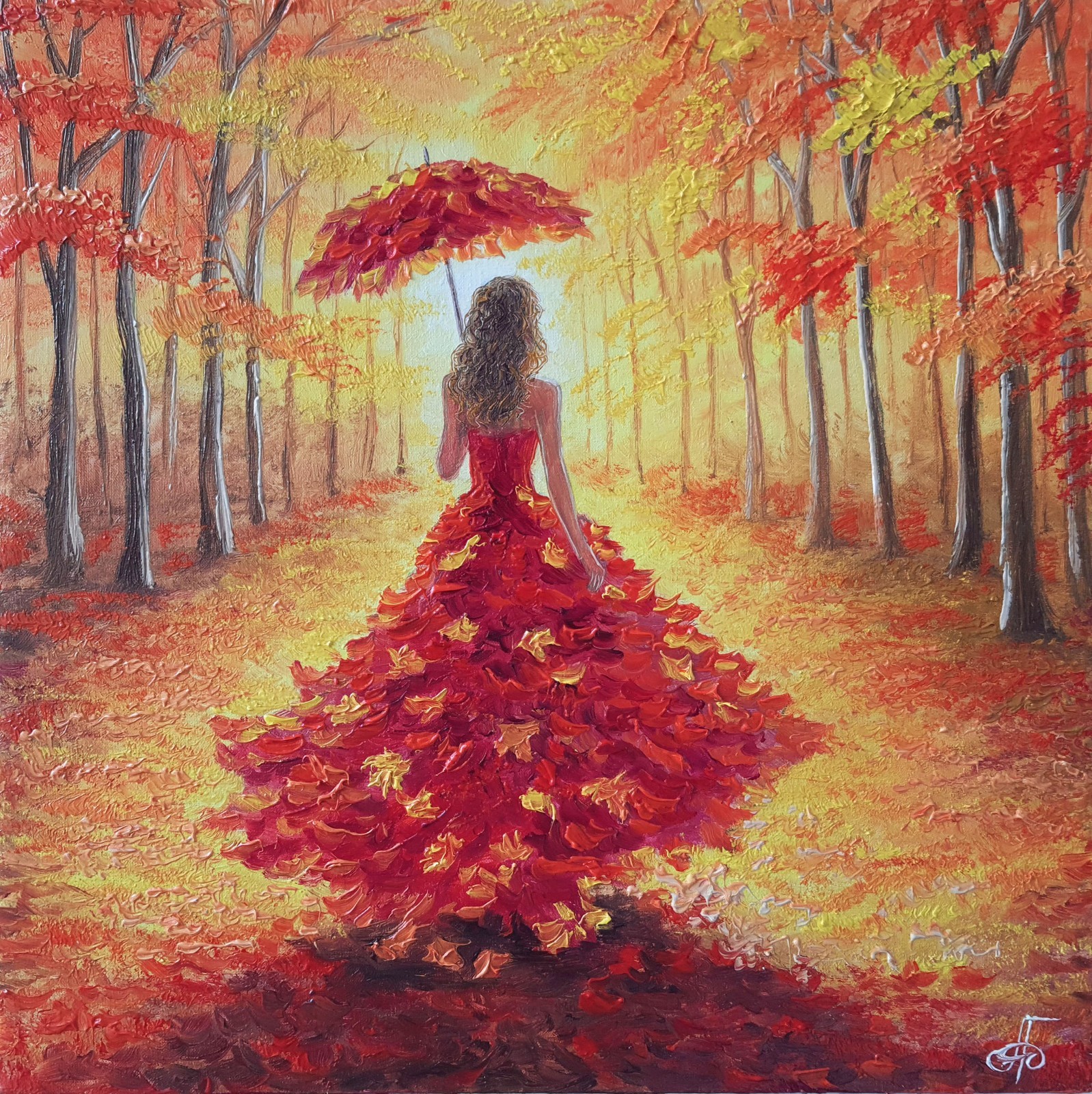 Original Oil Impressionist Portrait Painting Autumn Woman Fashion Nature Art