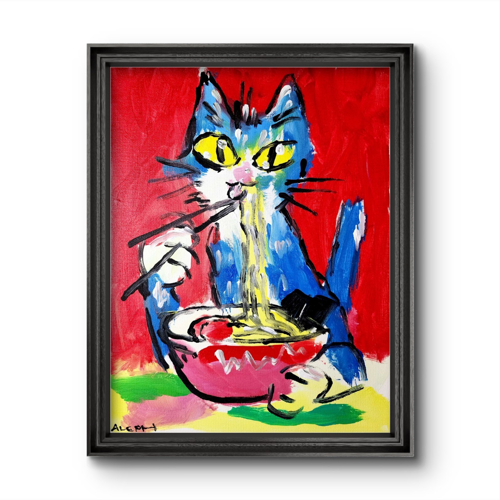 Original Cat Eating Ramen Painting Abstract Expressionist Canvas 11×14 Wall Art