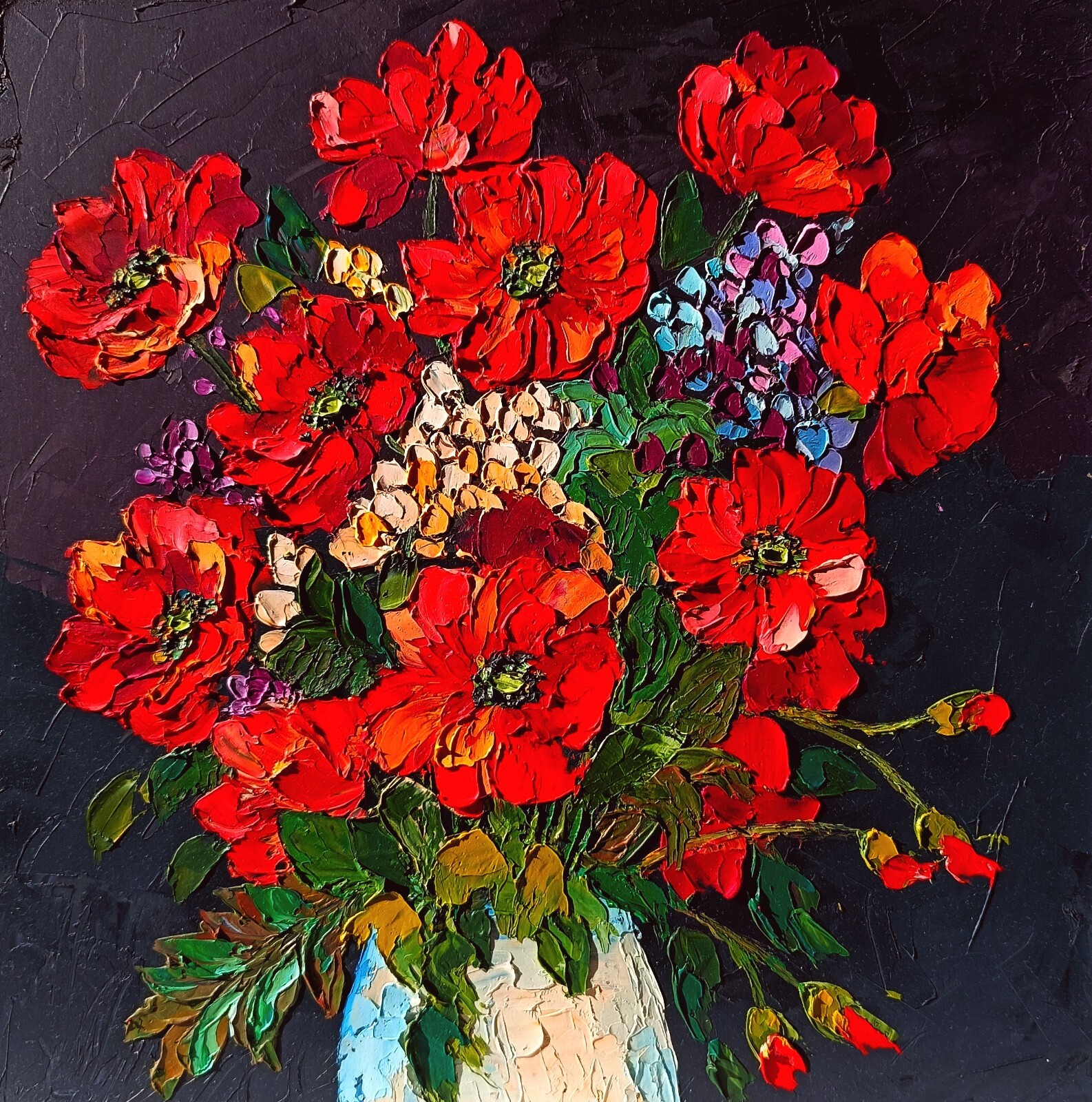 Handmade original impasto flowers floral still life oil painting 11.8 by 11.8 in