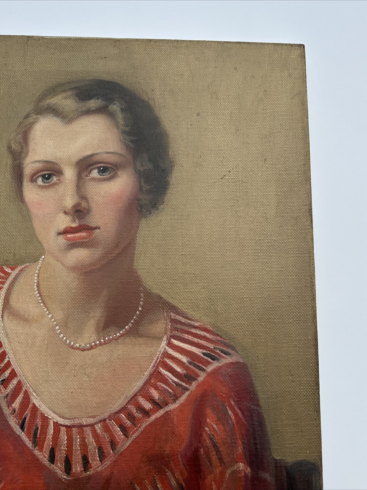 ANTIQUE PORTRAIT PAINTING PRETTY WOMAN FEMALE MODEL OIL ART DECO SIGNED LEWIS