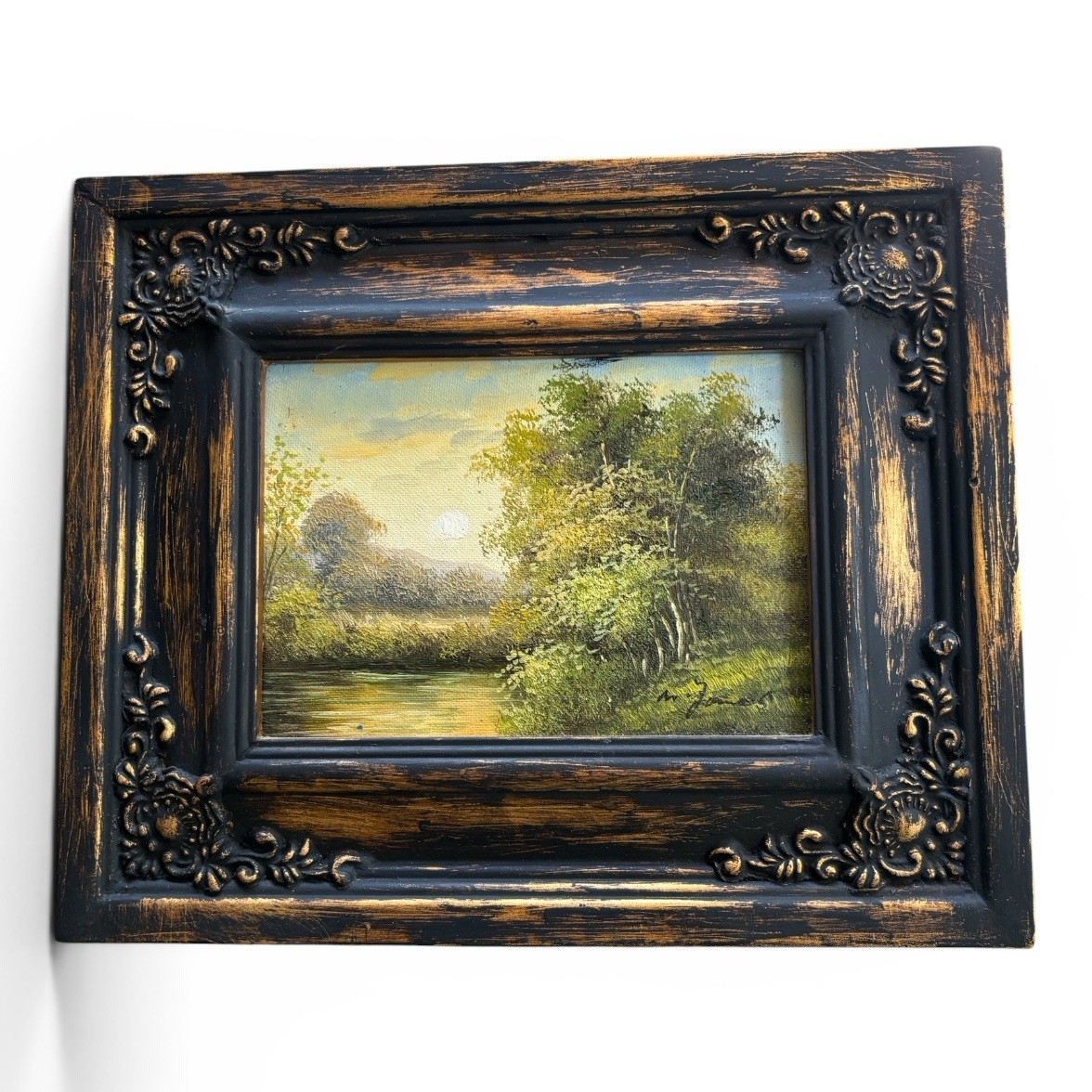 Vintage M James Oil Painting Landscape Ornate Black & Gold Frame Signed