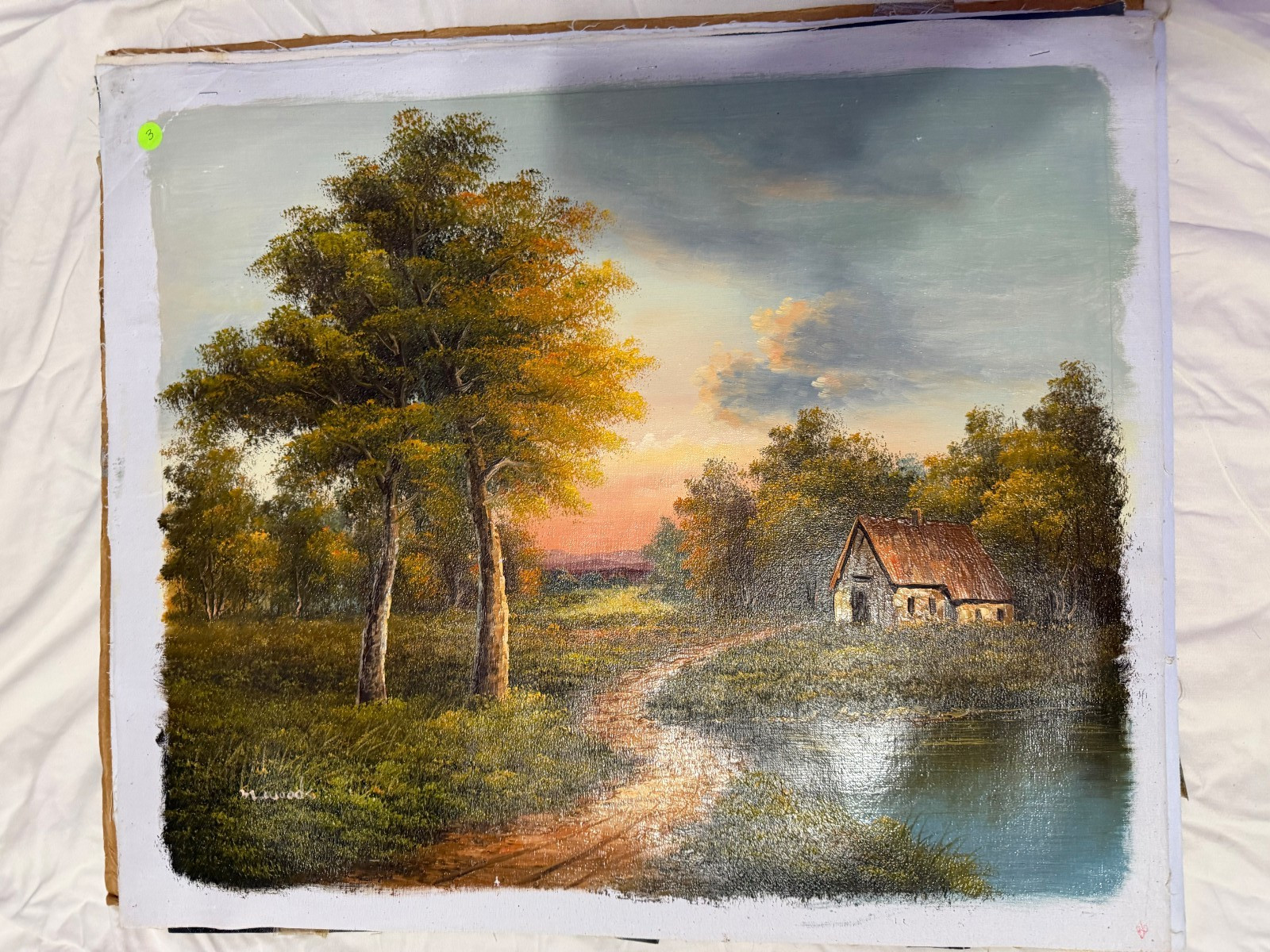 Vintage Rustic Farmhouse Landscape Oil Painting Barn Pond Country Scene Art