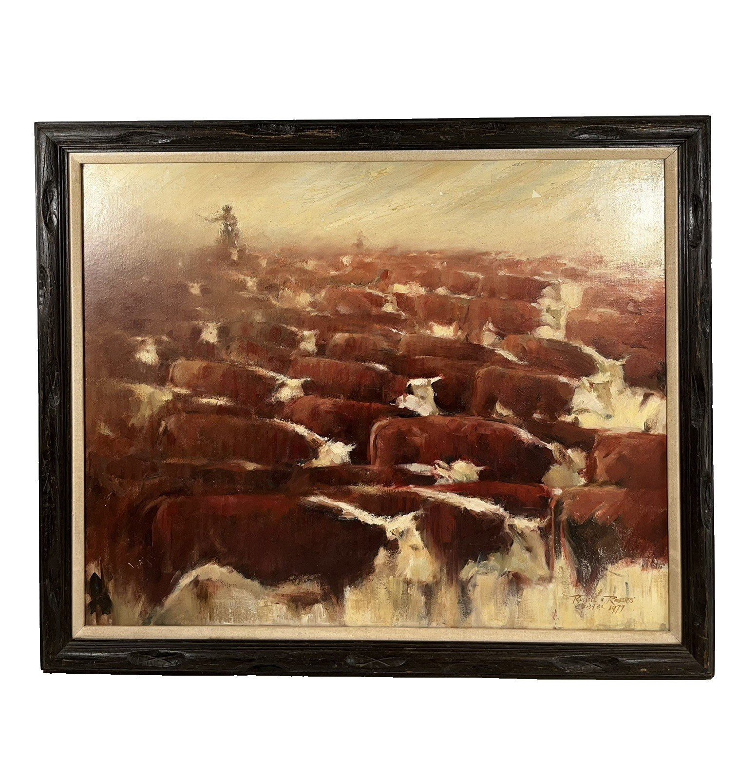 RUSSEL ROBERTS COWBOY ABSTRACT CATTLE RANCHER COW ILLUSTRATION VINTAGE PAINTING