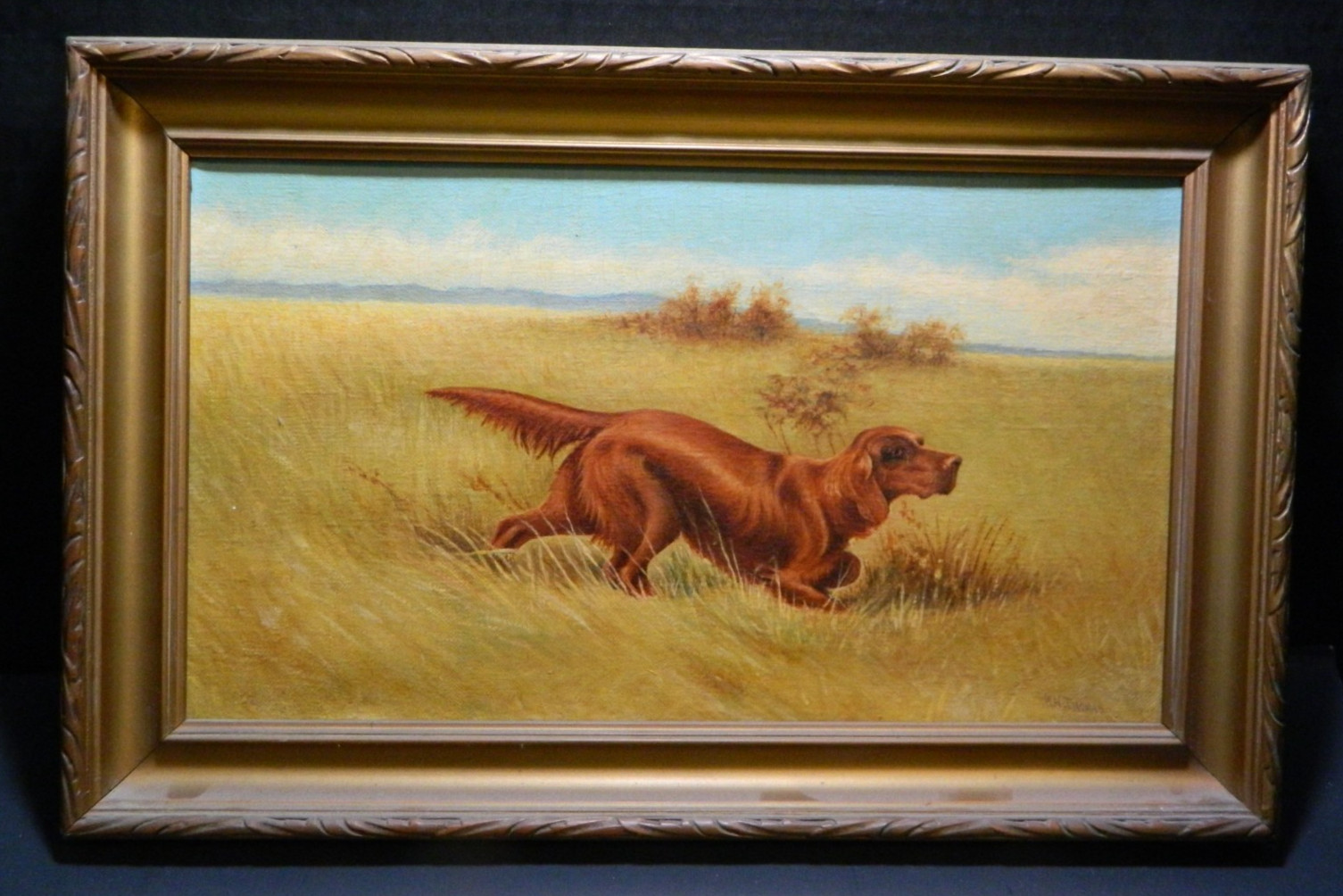 Antique Framed Red Irish Setter Oil On Canvas Signed W.H. Thomas 16.5″x10.75″ VG