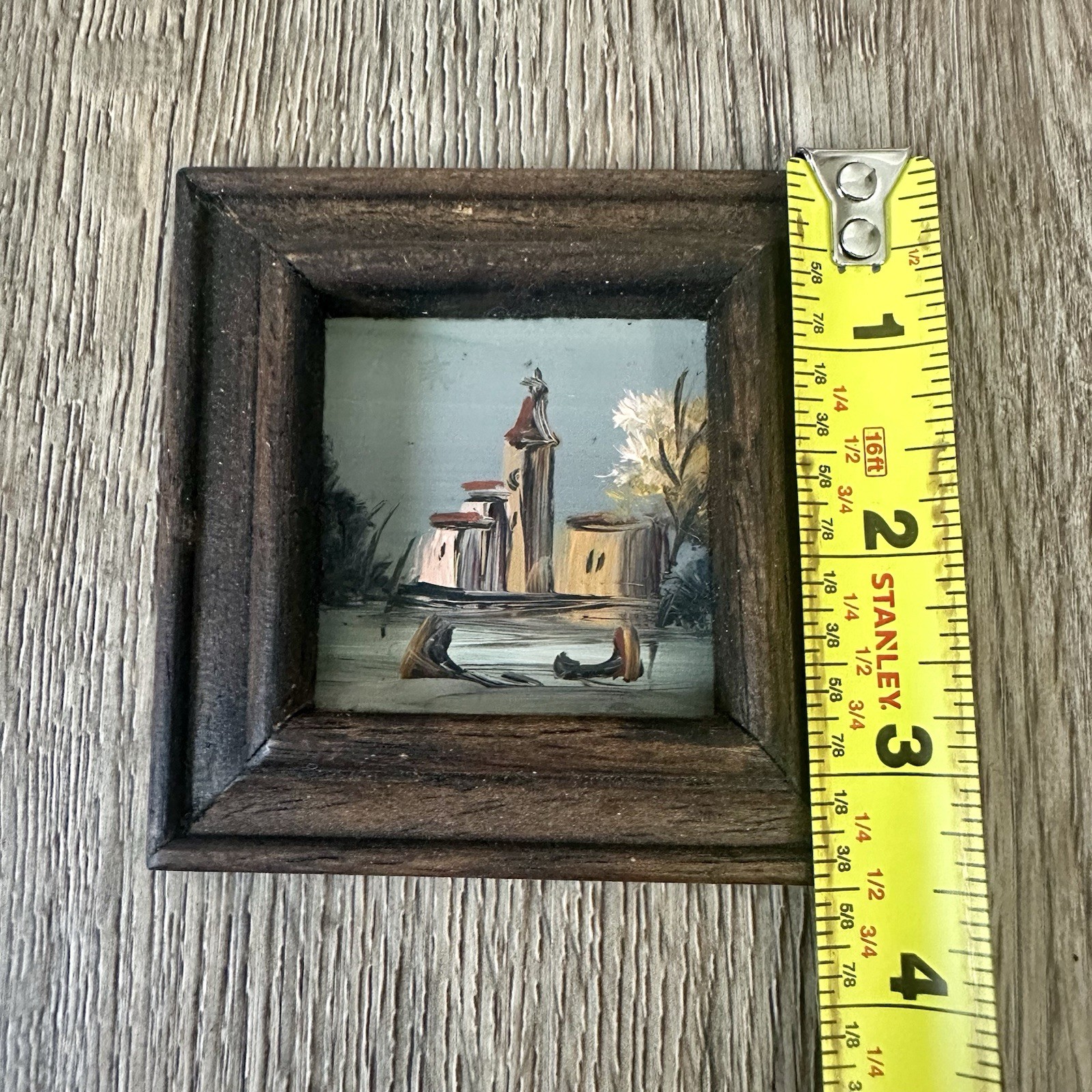 Vintage Enamel on Copper Artwork Miniature Church Painting 1970s Framed 3.25”