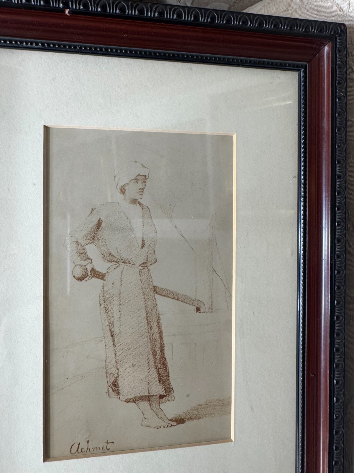Vintage Figure Study Drawing Signed Achmet Framed Behind Glass Sepia Sketch