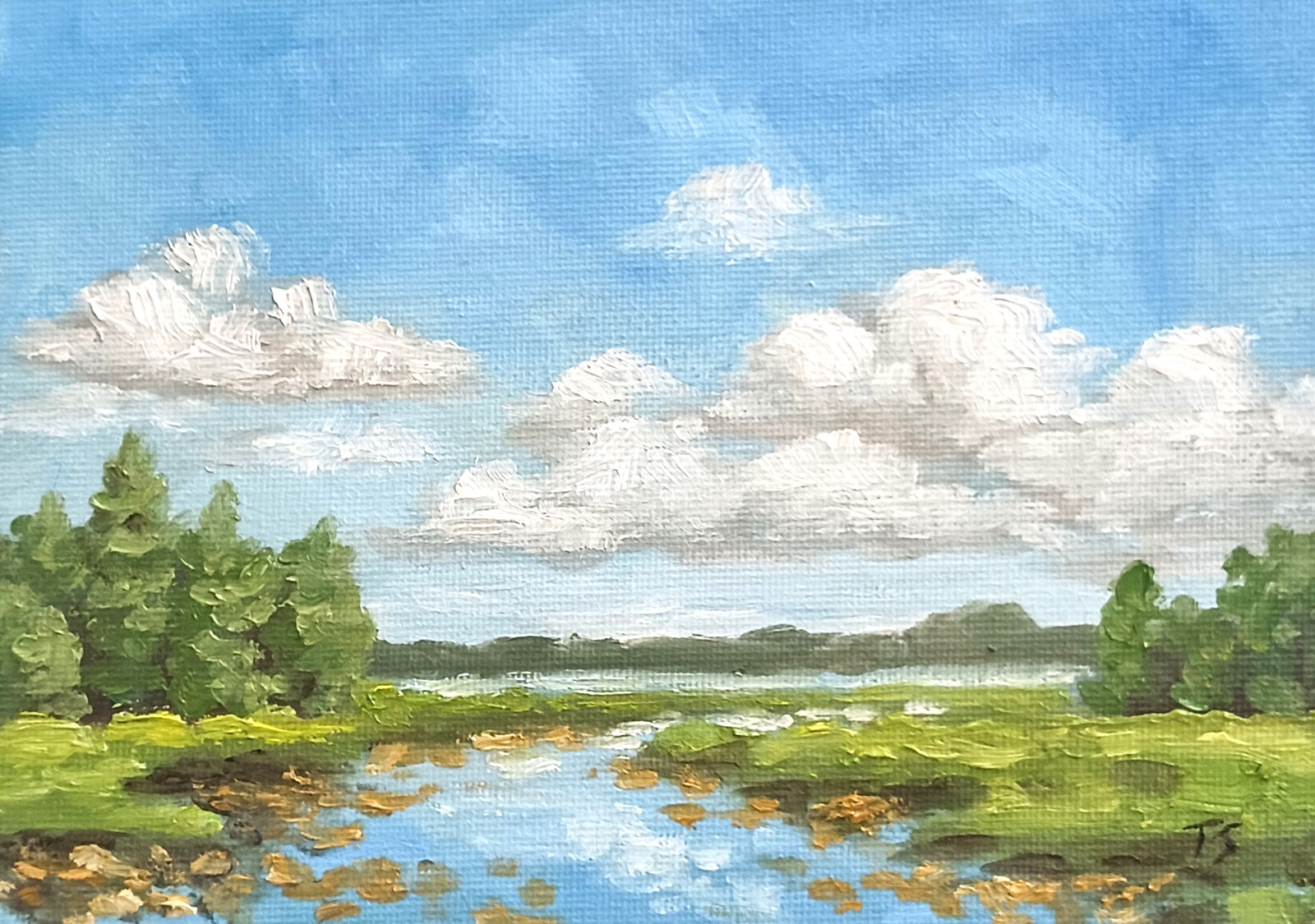 ORIGINAL Oil Painting Impressionism Sunny Day Field Landscape Lake River 5″x7″
