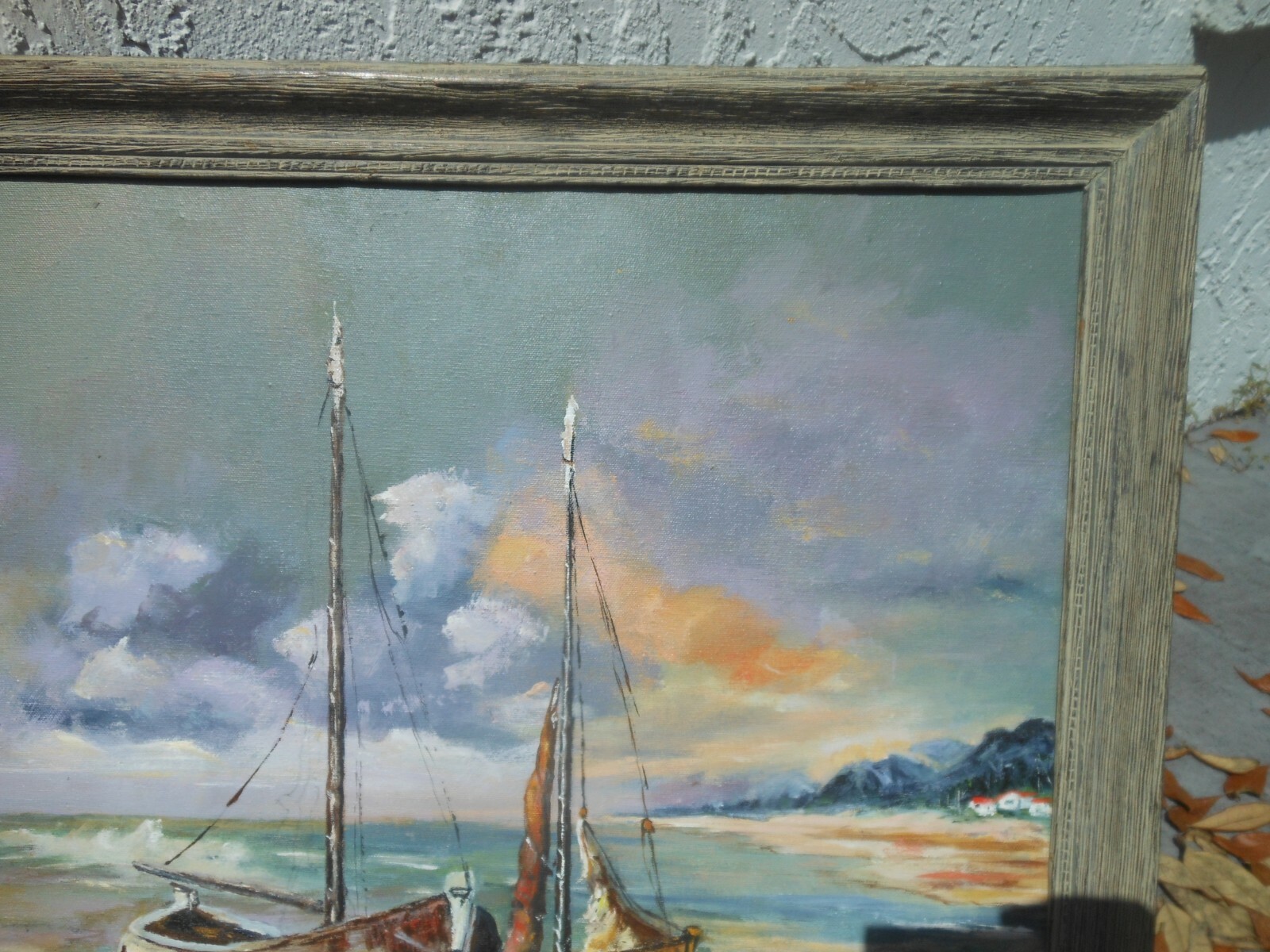 Vintage Impressionist Seascape Oil Painting L Graus 18″ x 24″ Boats