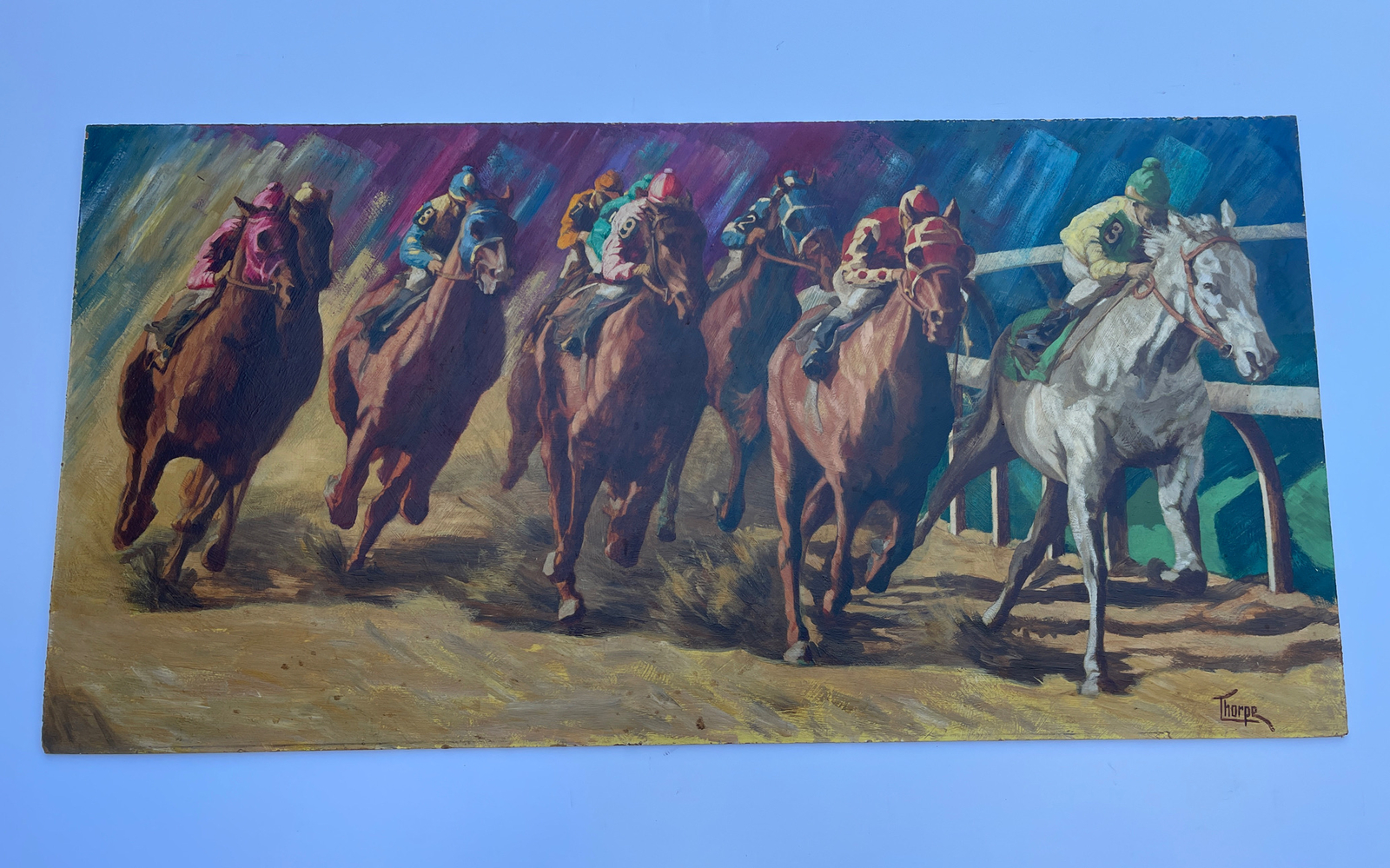 LARGE HORSE RACE PAINTING TRACK JOCKEY 48 INCHES IMPRESSIONISM AMERICAN LISTED