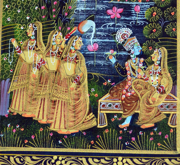 Radha Krishna Miniature Original Painting on Silk Cloth India Natural Colors!