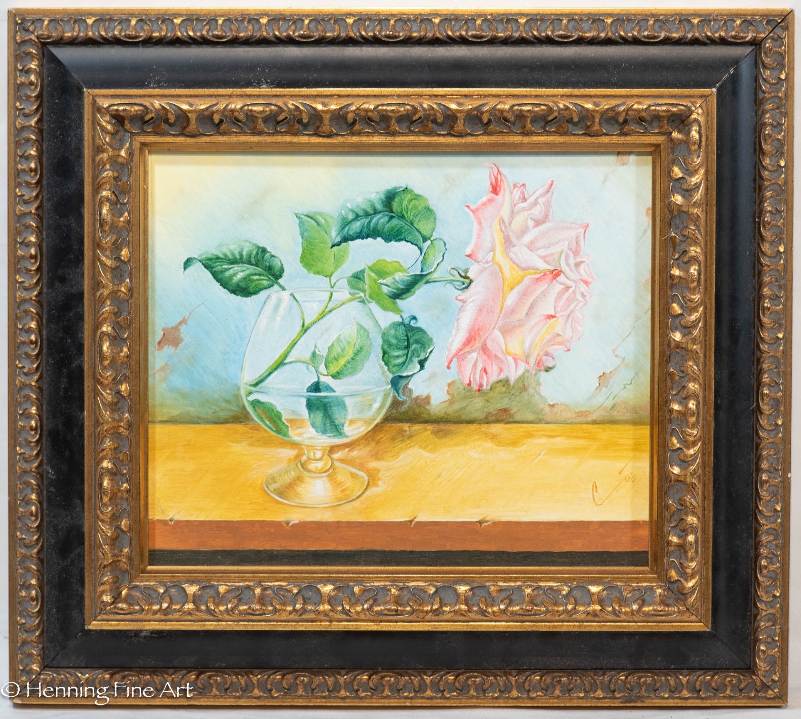 Stunning Oil Painting of Pink Rose in Glass Illegibly Signed, Fine! 16×18″