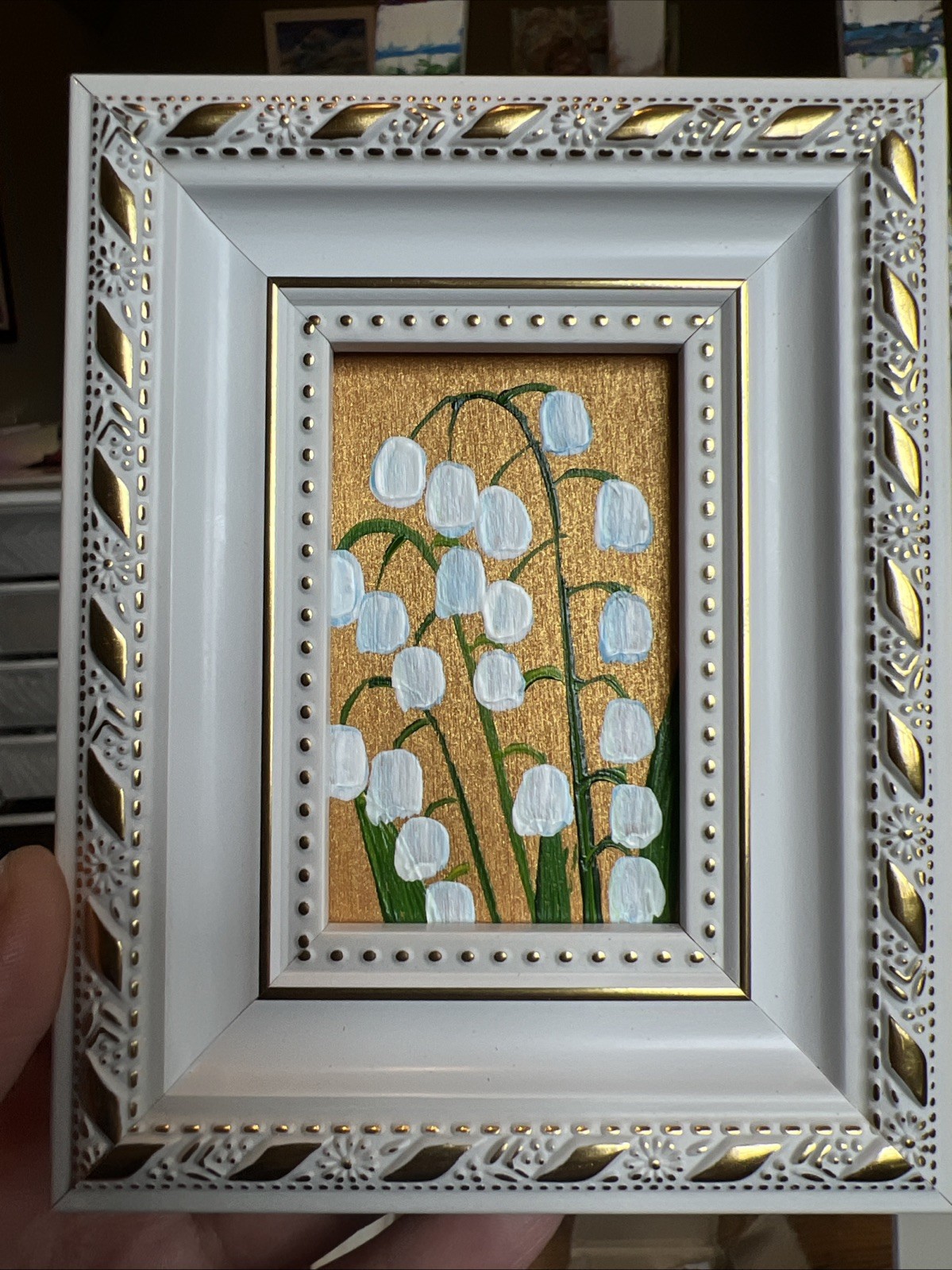 Lilly Of The Valley ,flowers, original,miniature Art,small,mini, Framed,wall Art