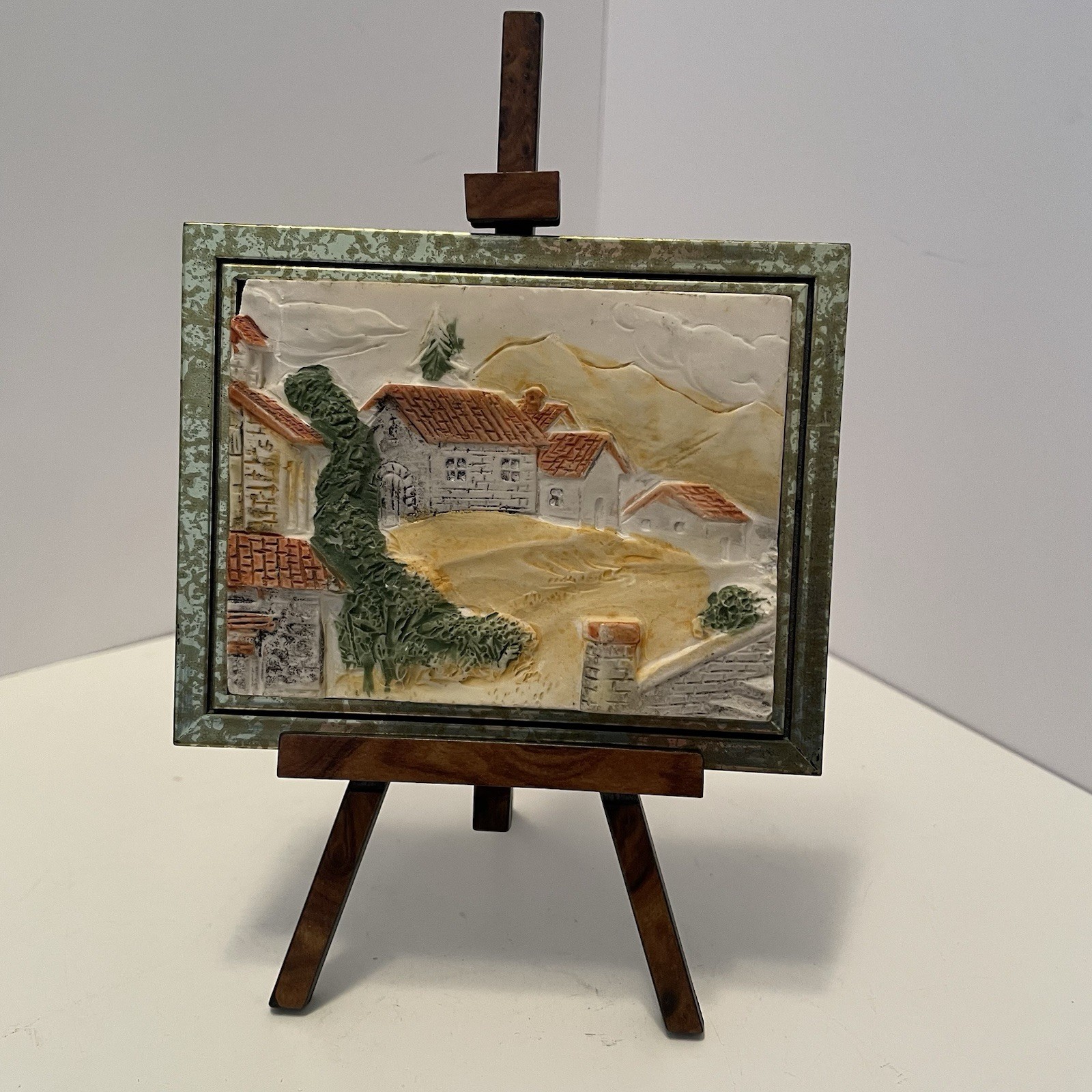 Vintage Italian Hand Painted Relief On Easel 4” X 3.25” Berger Resin