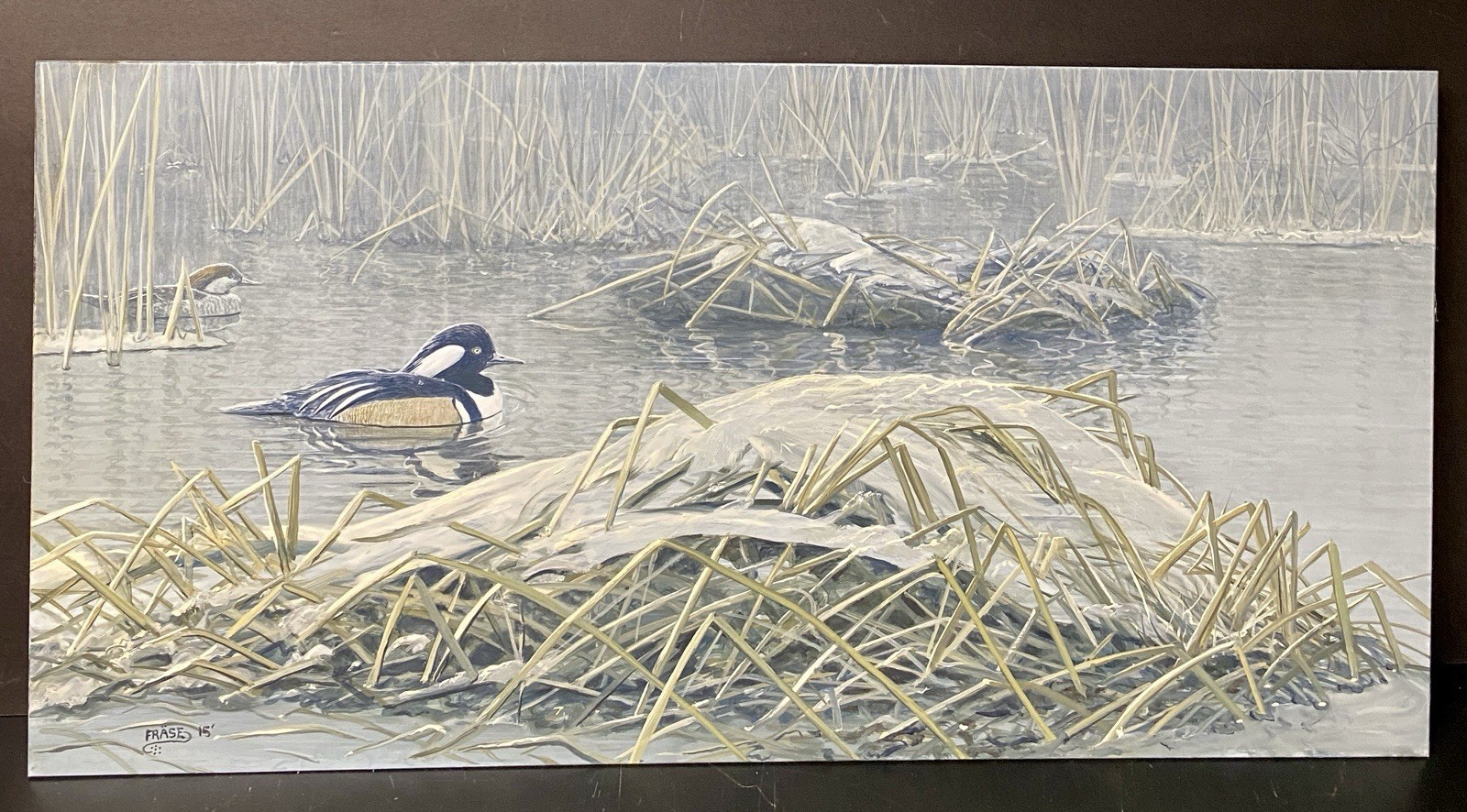 MICHAEL FRASE ORIGINAL BIRD/DUCK ART PAINTING HOODED MERGANSER PAIR, SIGNED, OIL