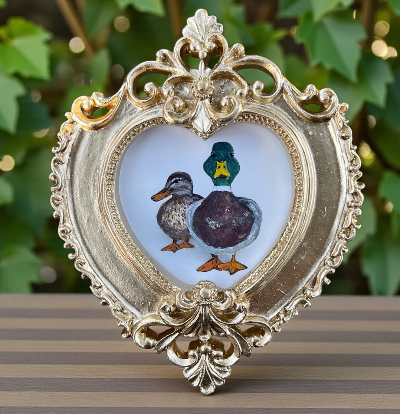 Mallard Ducks miniature art watercolor print in gold vintage style ornate frame
