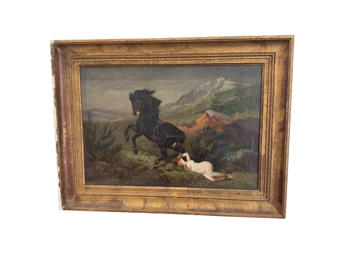 Antique Painting Oil Canvas Woman Frame Wood Nude Horse Decor Queen Brunehaut