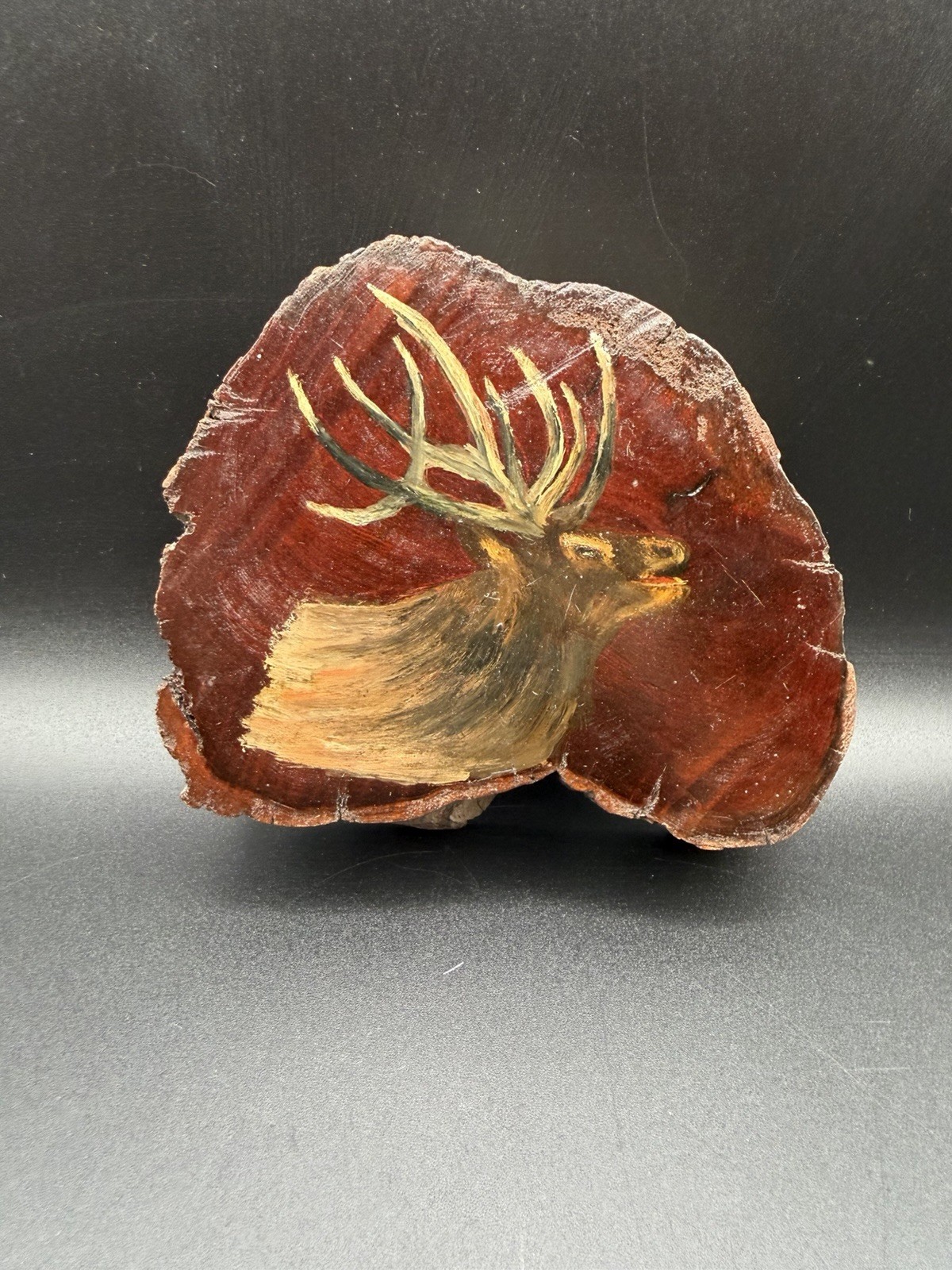 VTG Elk Head Painting On Wood Slab Wall Hanging N. American Folk Art 5.5”