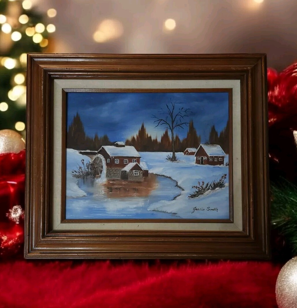 Vtg 1960s Naive Folk Oil Painting Winter Millhouse Cabin & Pond Signed 19.75″ EC