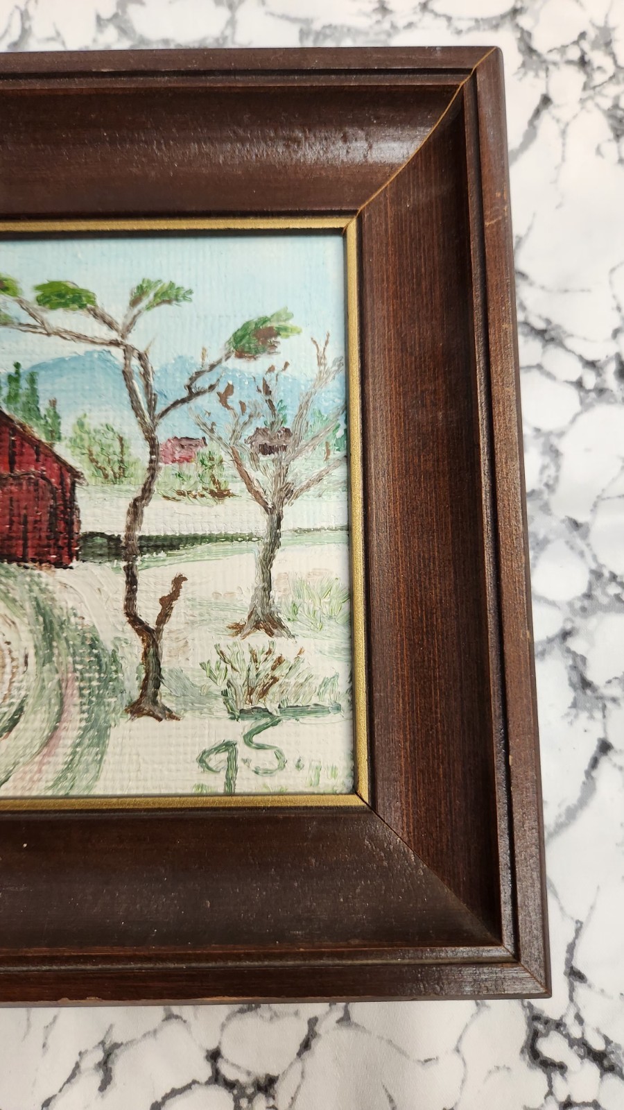 Original Artist Signed Red Barn Winter Scene Framed Picture 9″X 7″.