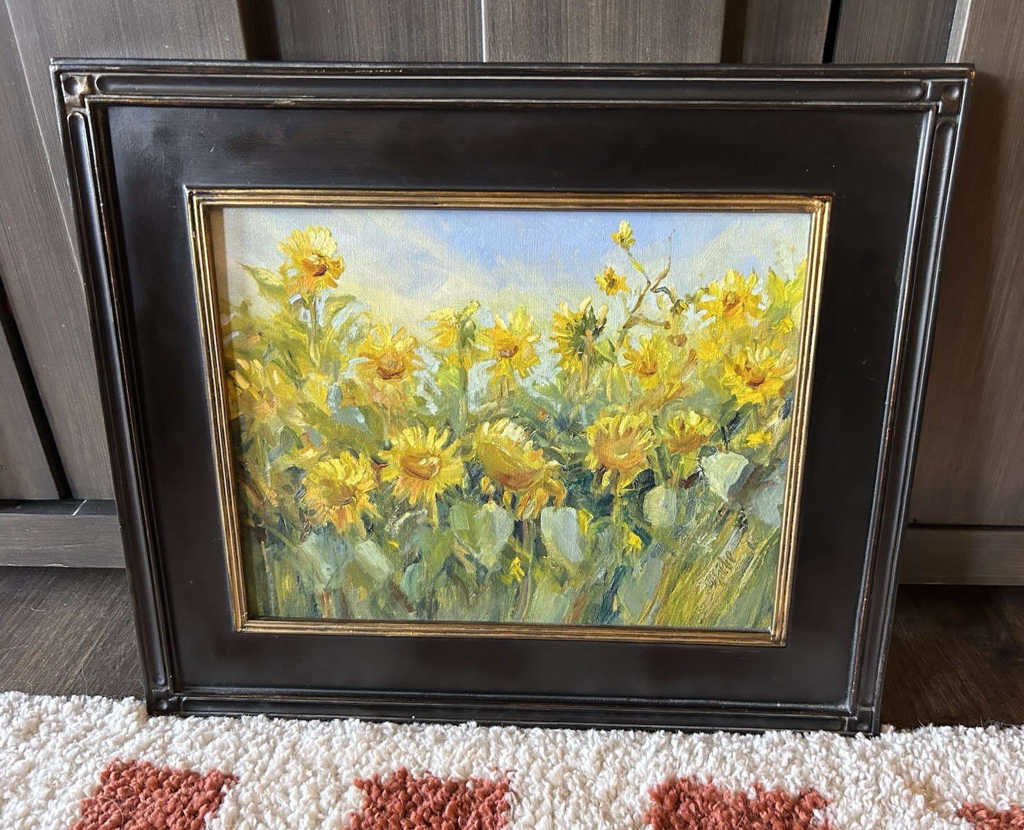 Sunflower Landscape Original Signed Framed Impressionist Oil on Canvas 14 x 11