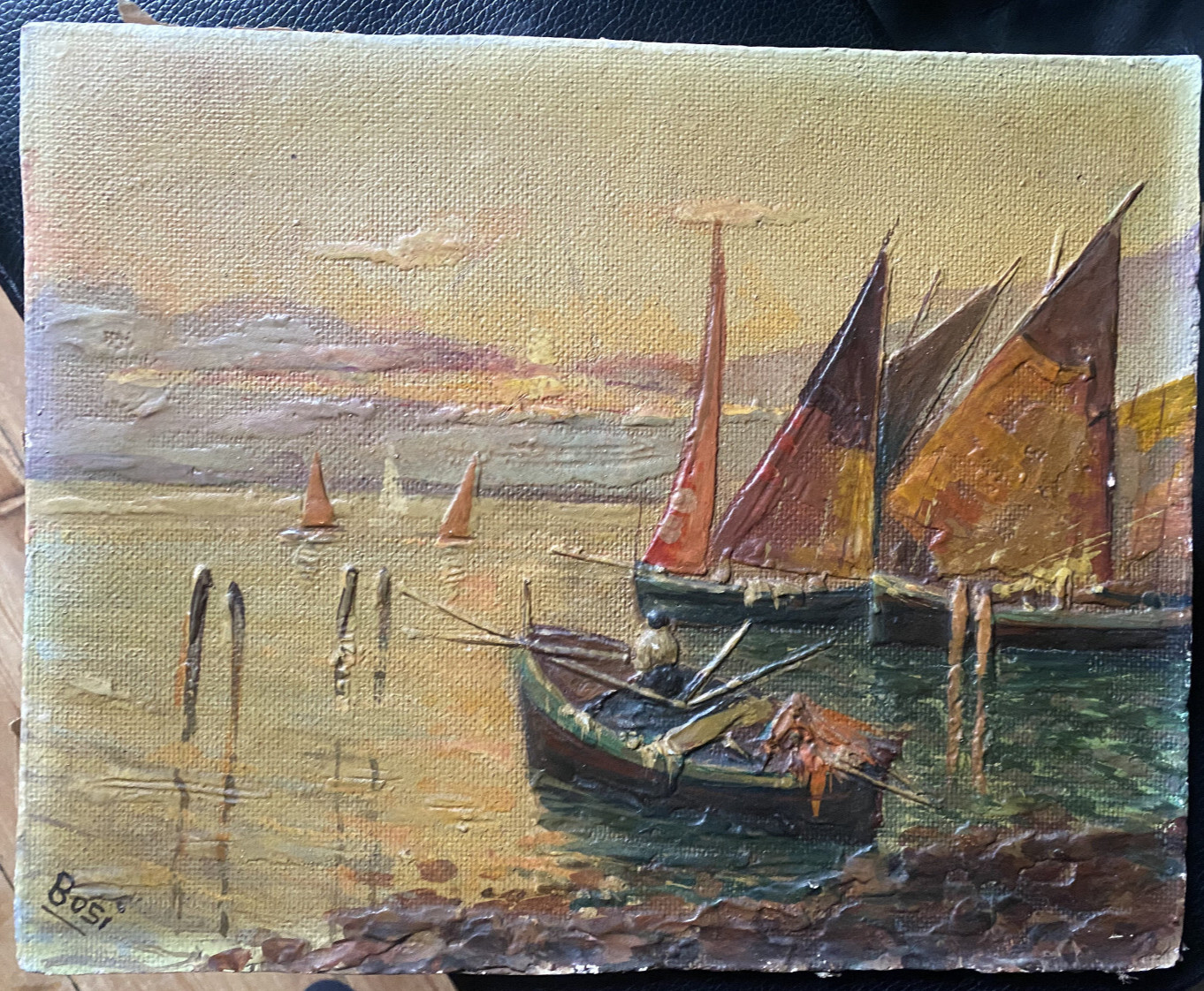 ::OIL PAINTING SIGN. BOSI SAILBOATS OFF ANCHOR EVENING COAST SEA PORT FISHERMAN