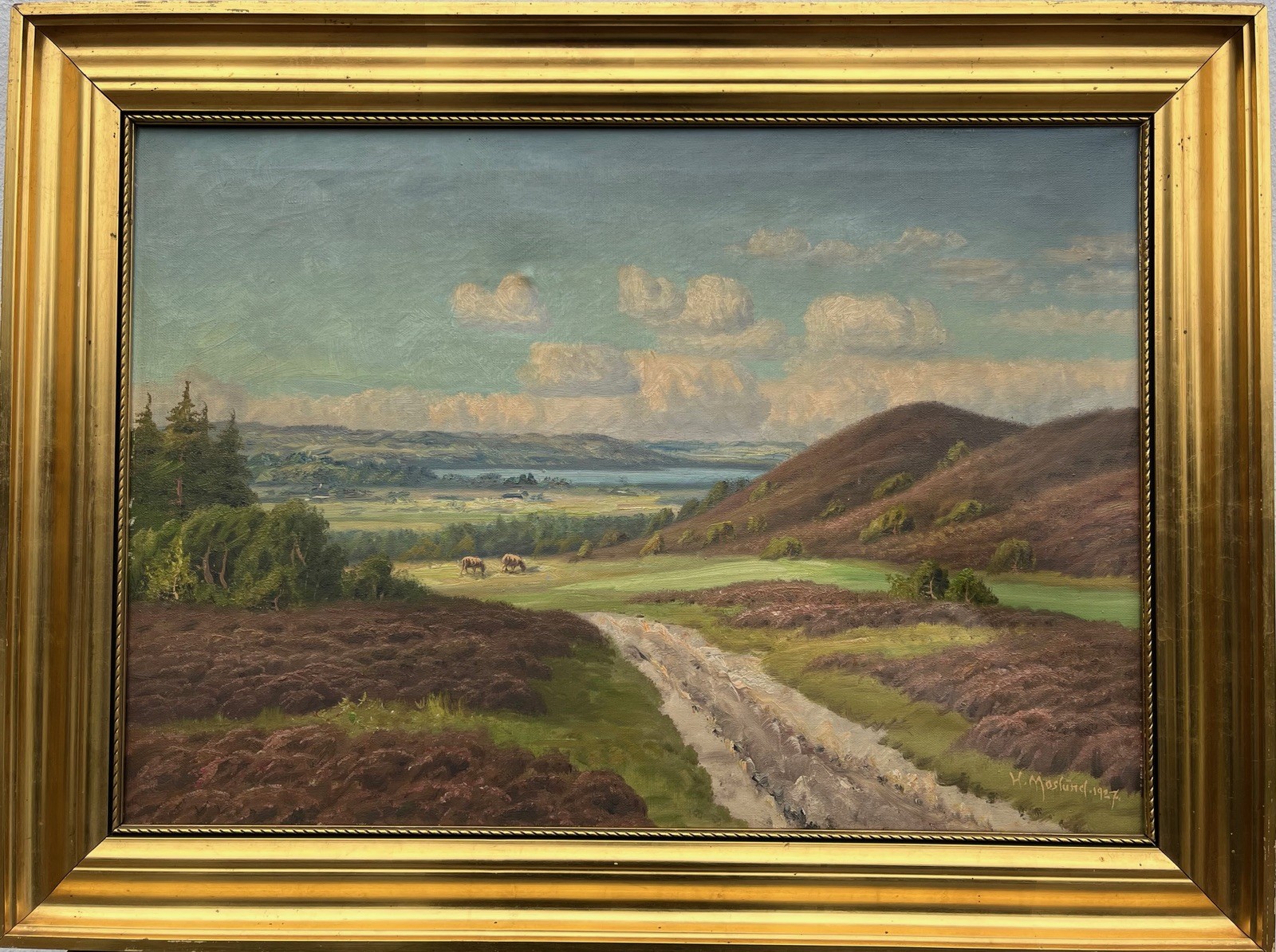 Oil Painting Impressionist Wide Summer Landscape With Sheep Denmark 1927, Framed