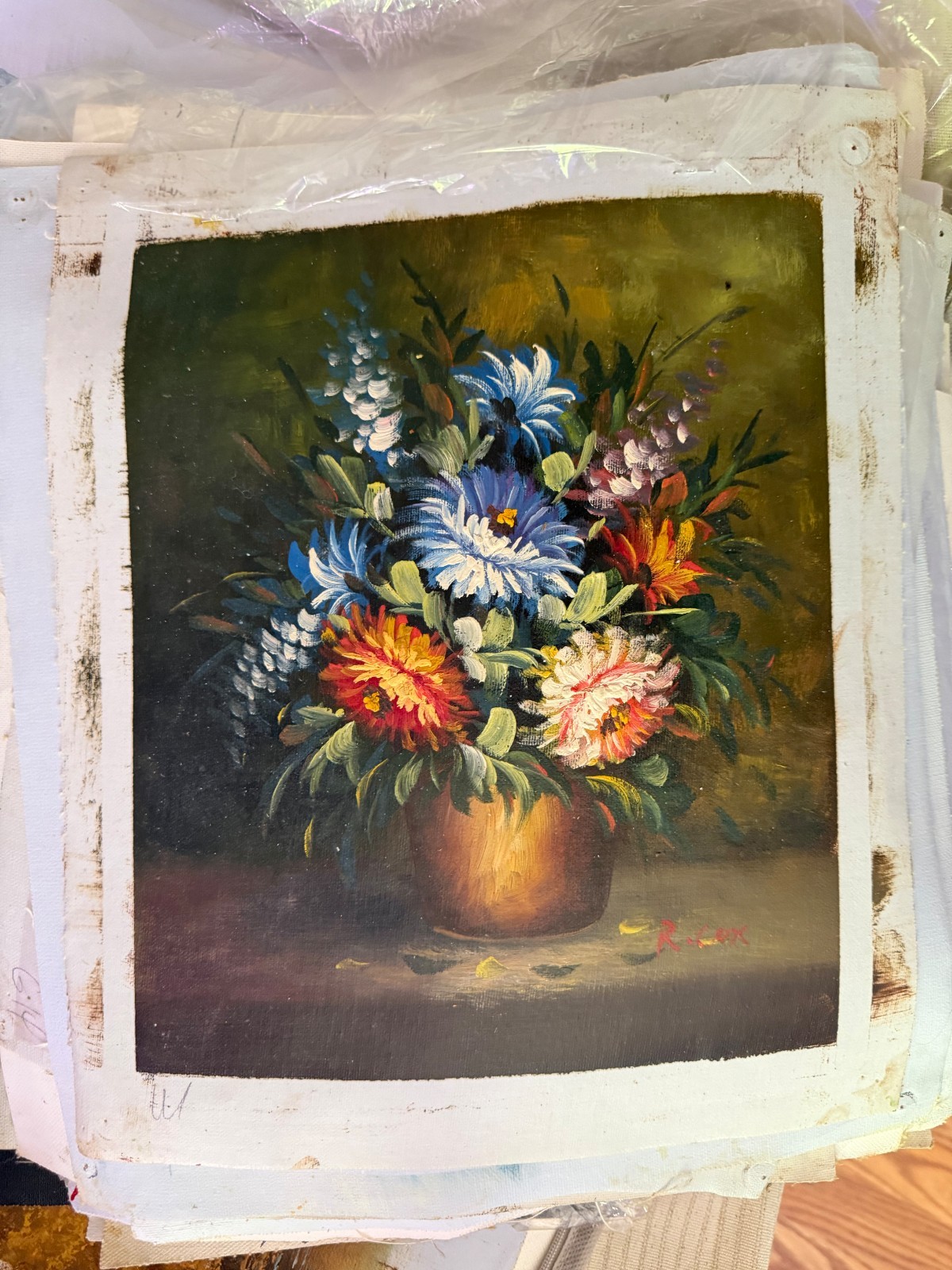 Vintage Floral Still Life Bouquet Flowers in Vase Decorative Oil Painting Art