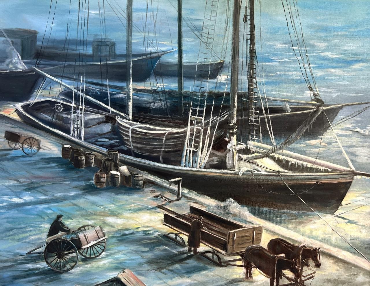 Vintage Original Oil Painting Art Nautical Ship Boat Dock Seascape Artist Signed