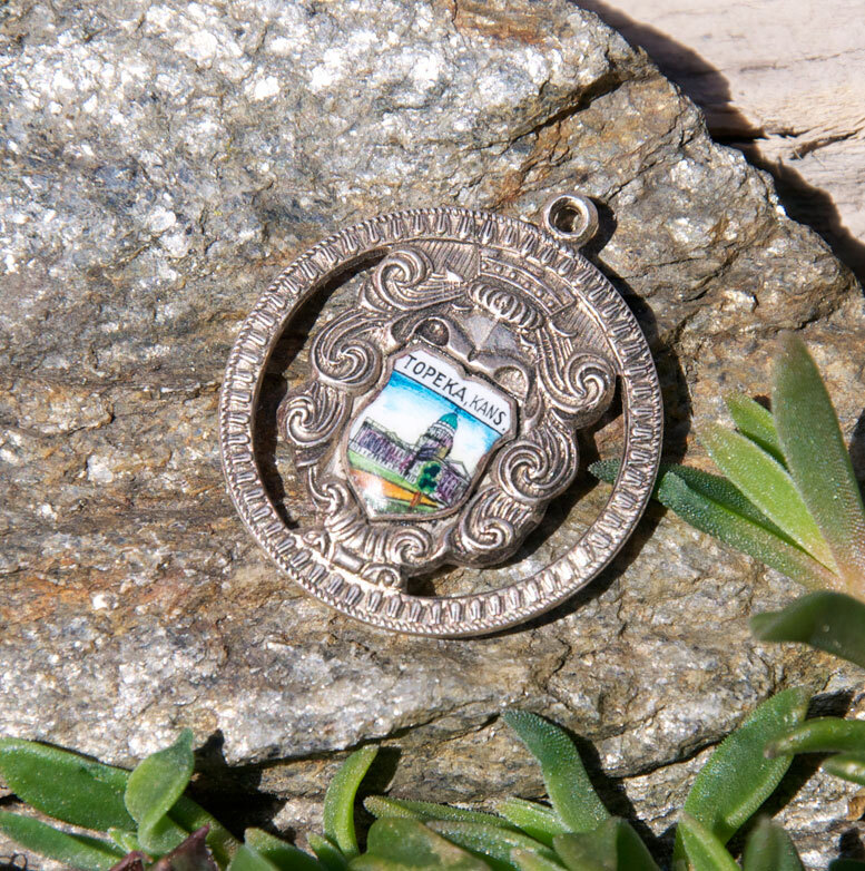 SMALL VINTAGE HAND MADE ENAMEL KEYCHAIN # TOPEKA KANSAS U.S.A. ST CHRISTOPHER