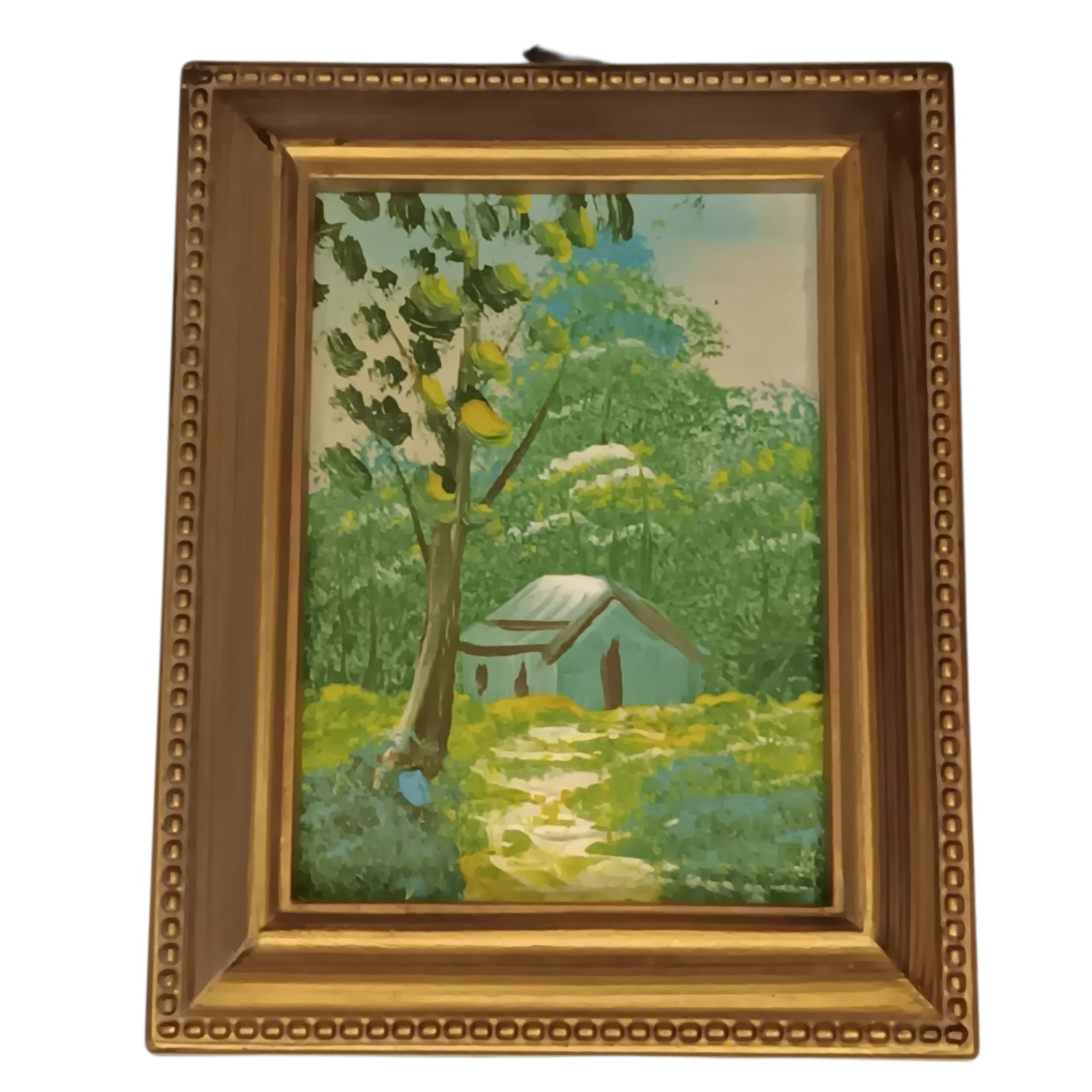 VTG Miniature Painting Barn Path & Trees In Gold Plastic Frame Blue Green Yellow