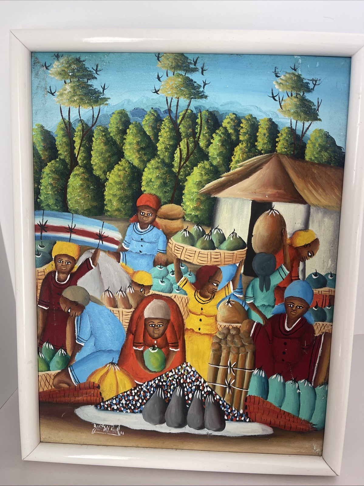 Haitian Market Painting Original Signed Ethnic Folk Art Framed 17×13” Vintage