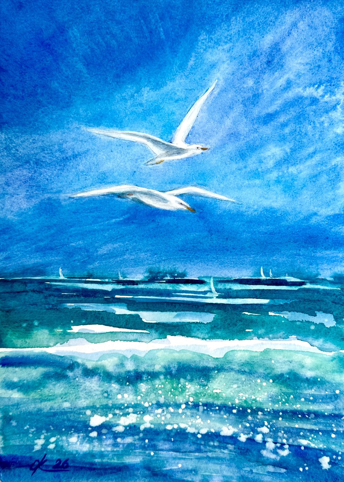 Watercolor Painting Sea scape seagulls morning regatta yachts home decor
