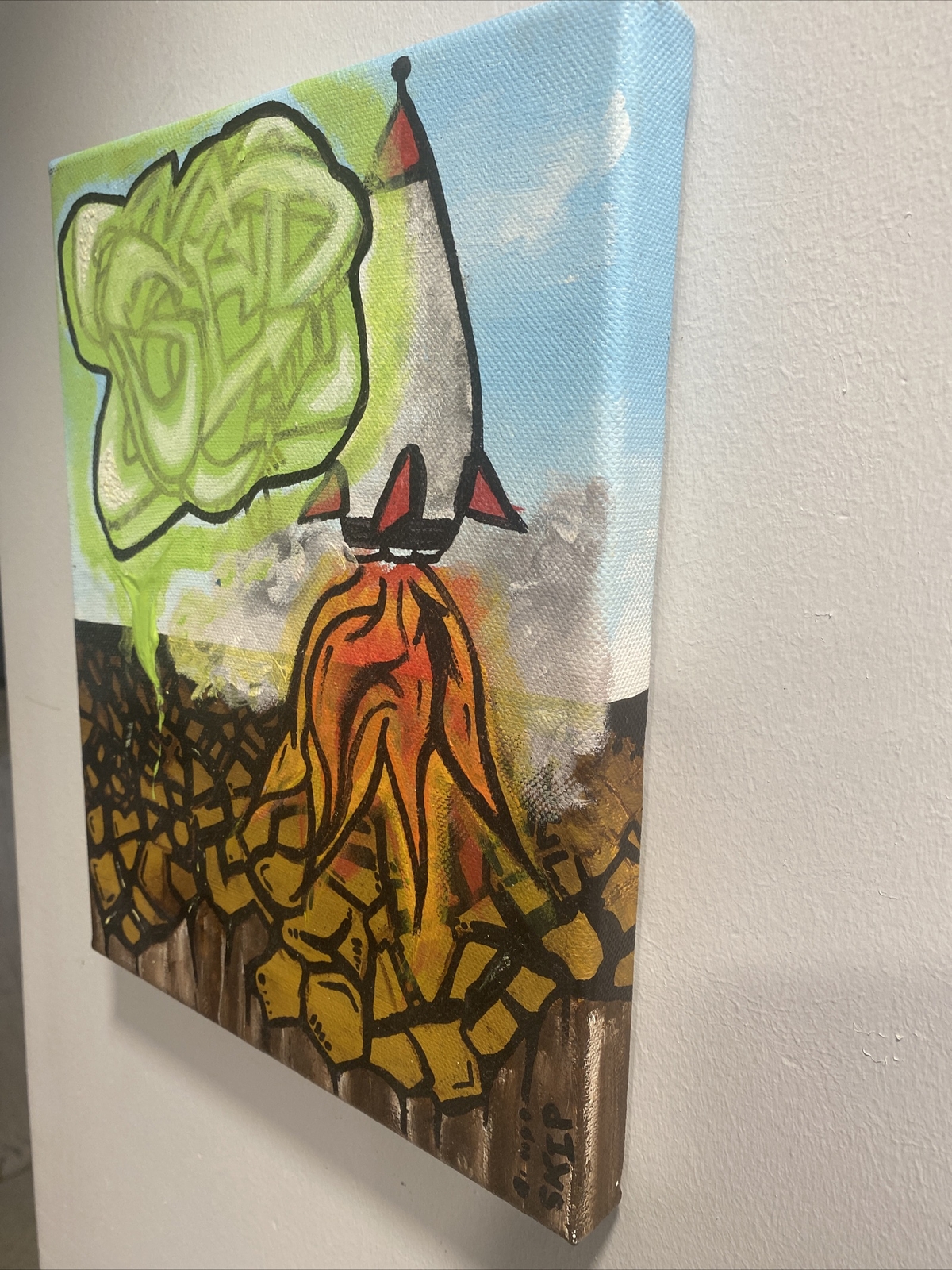 DnMite Original Art, Acrylic on Canvas. “Rocket Ship” Street Art (8in X 10in)