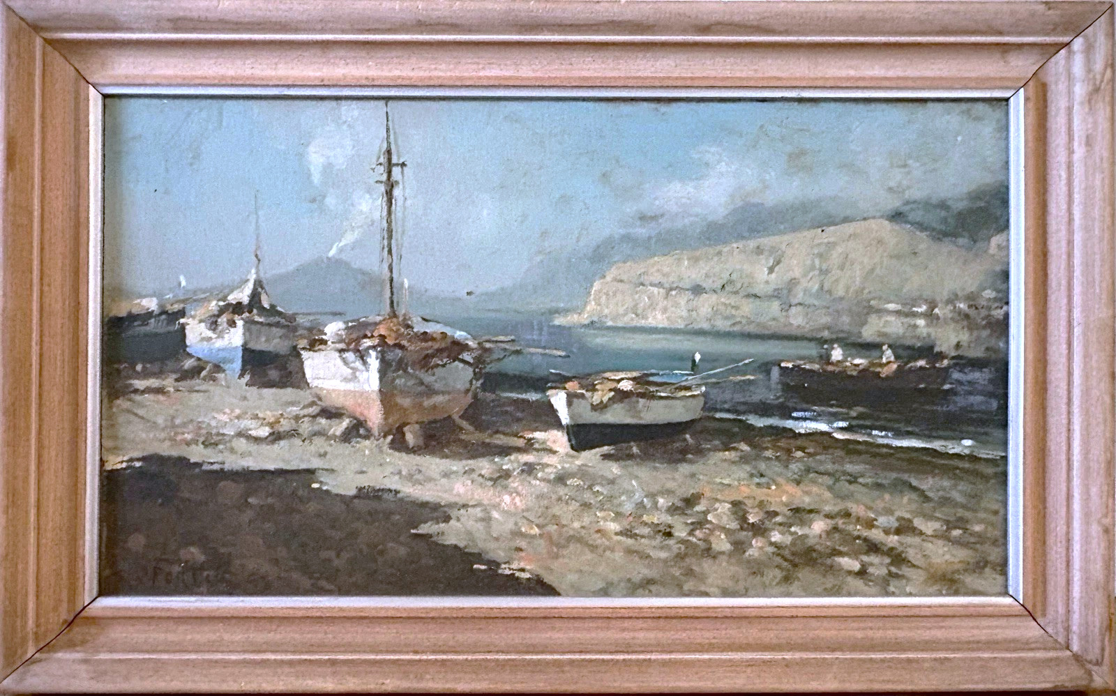 Antique Framed 25”x18” 1800s Realist Oil Painting Italy Seascape Figures Signed