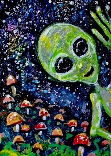 Original ACEO Painting ALIEN Mushrooms Stars ET Martian Universe UFO ATC ART