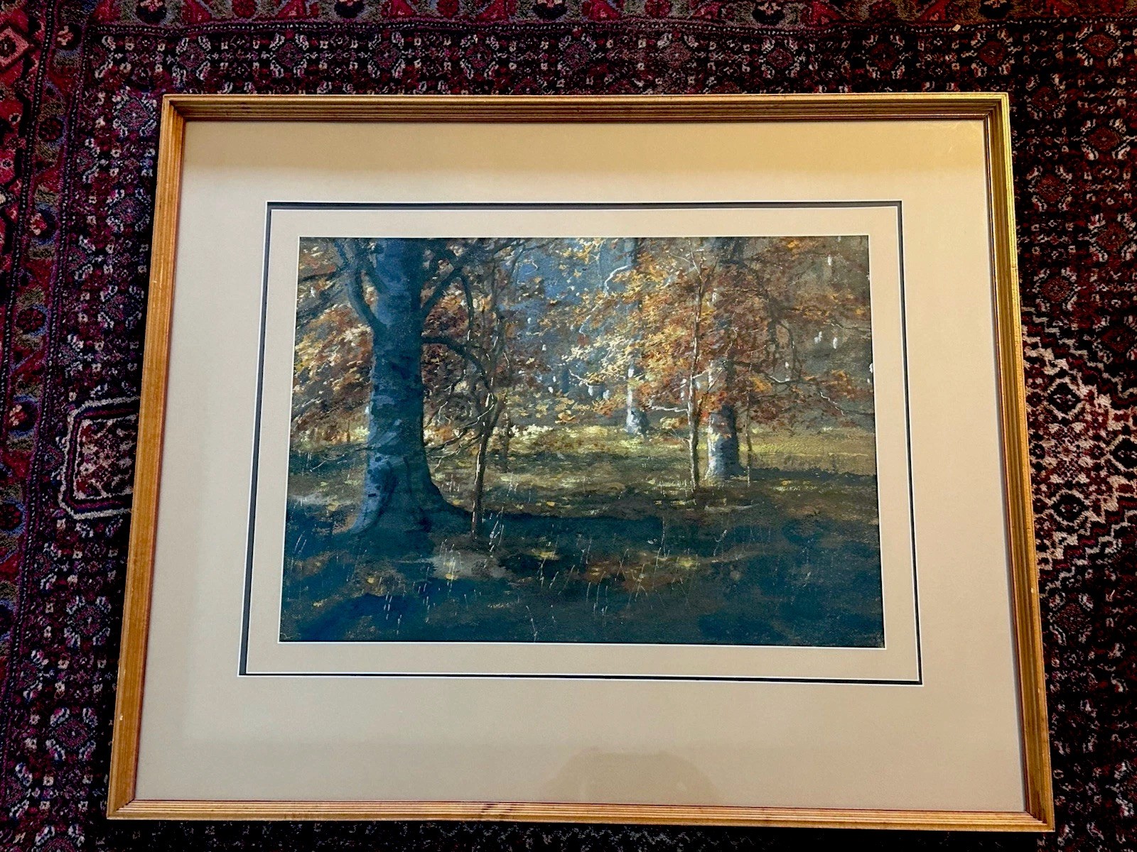 Fine Art Vintage Acrylic painting on paper, Wooded landscape Framed