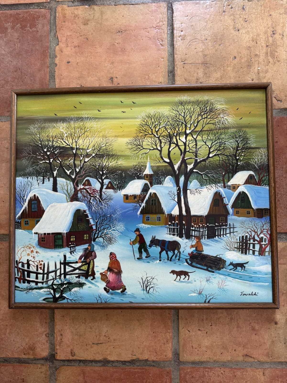 Vintage Oil on Canvas Framed Folk Art – Winter Village Snow Scene – A KOWALSKI