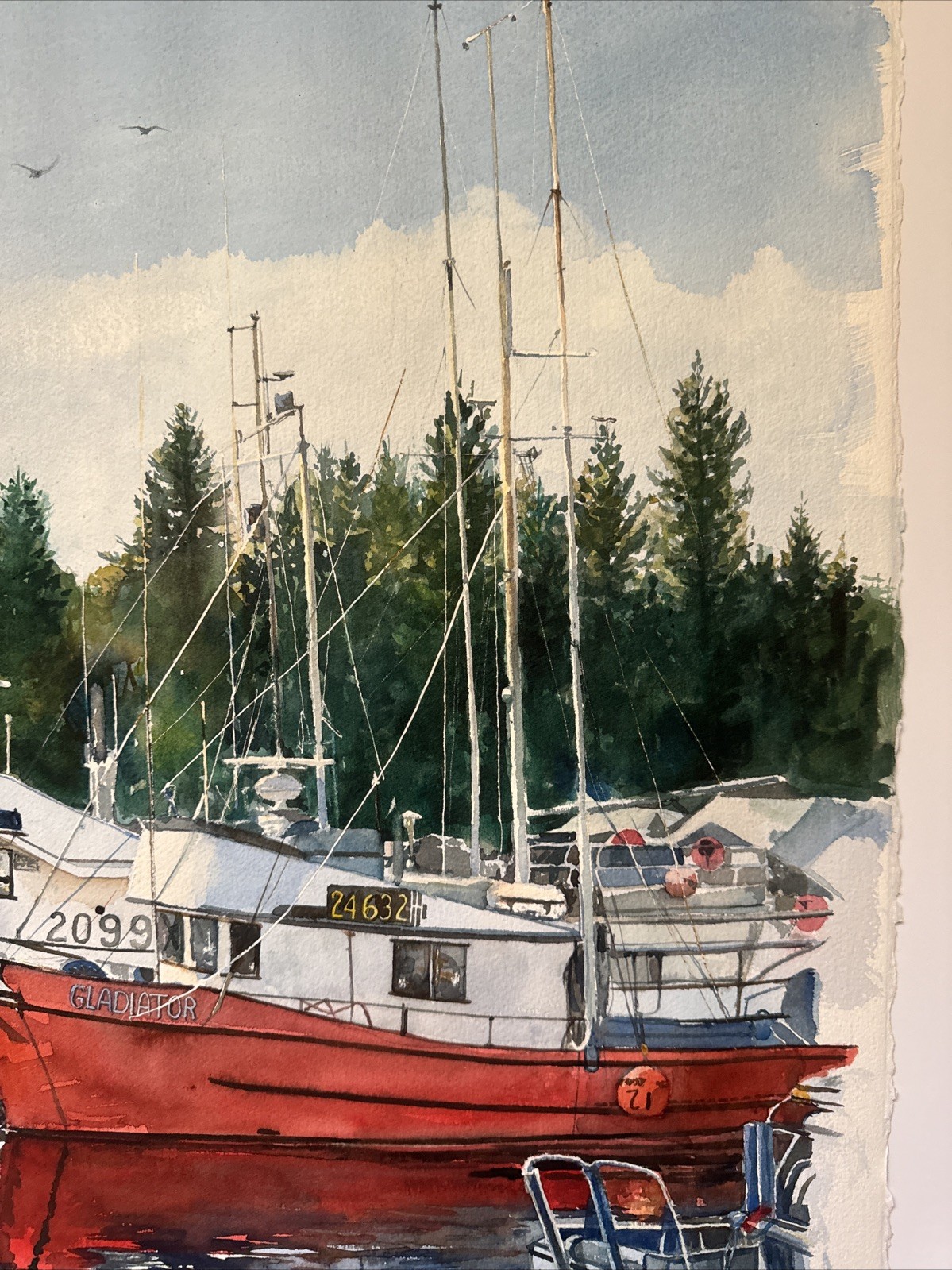 AMERICAN REGIONALISM PAINTING BOAT DOCK MARINA PORT JUNE MALAKA LISTED VINTAGE