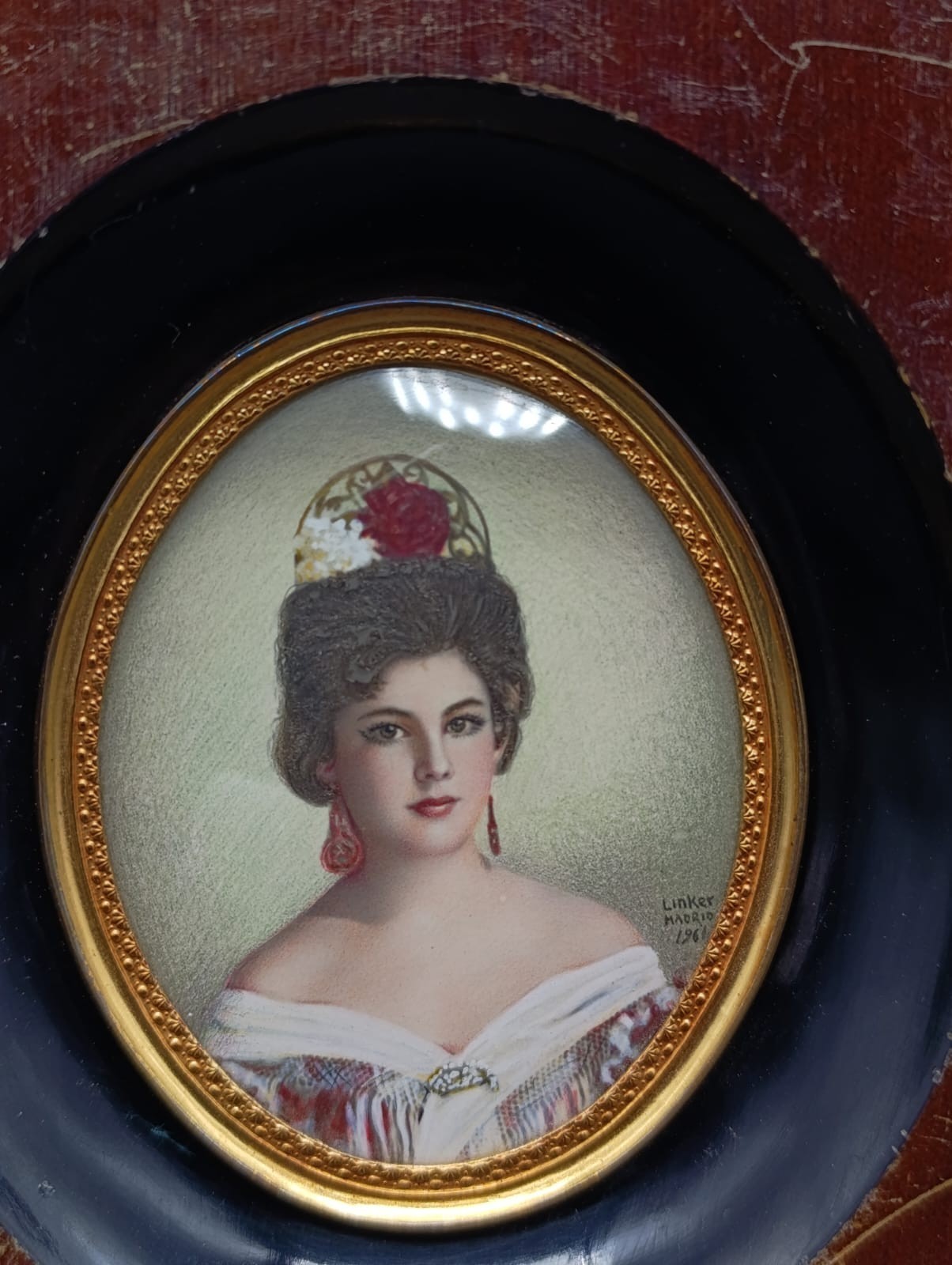 Signed Linker Madrid 1961 Hand Painted Portrait Miniature Victorian Lady