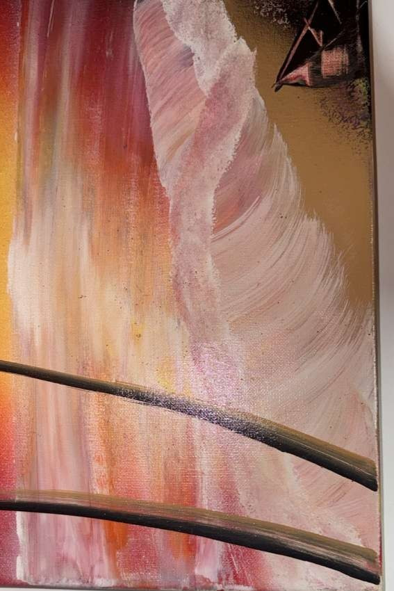 Tropical Sunset Waterfall Palm Tree Acrylic Canvas 20×16 AS-IS