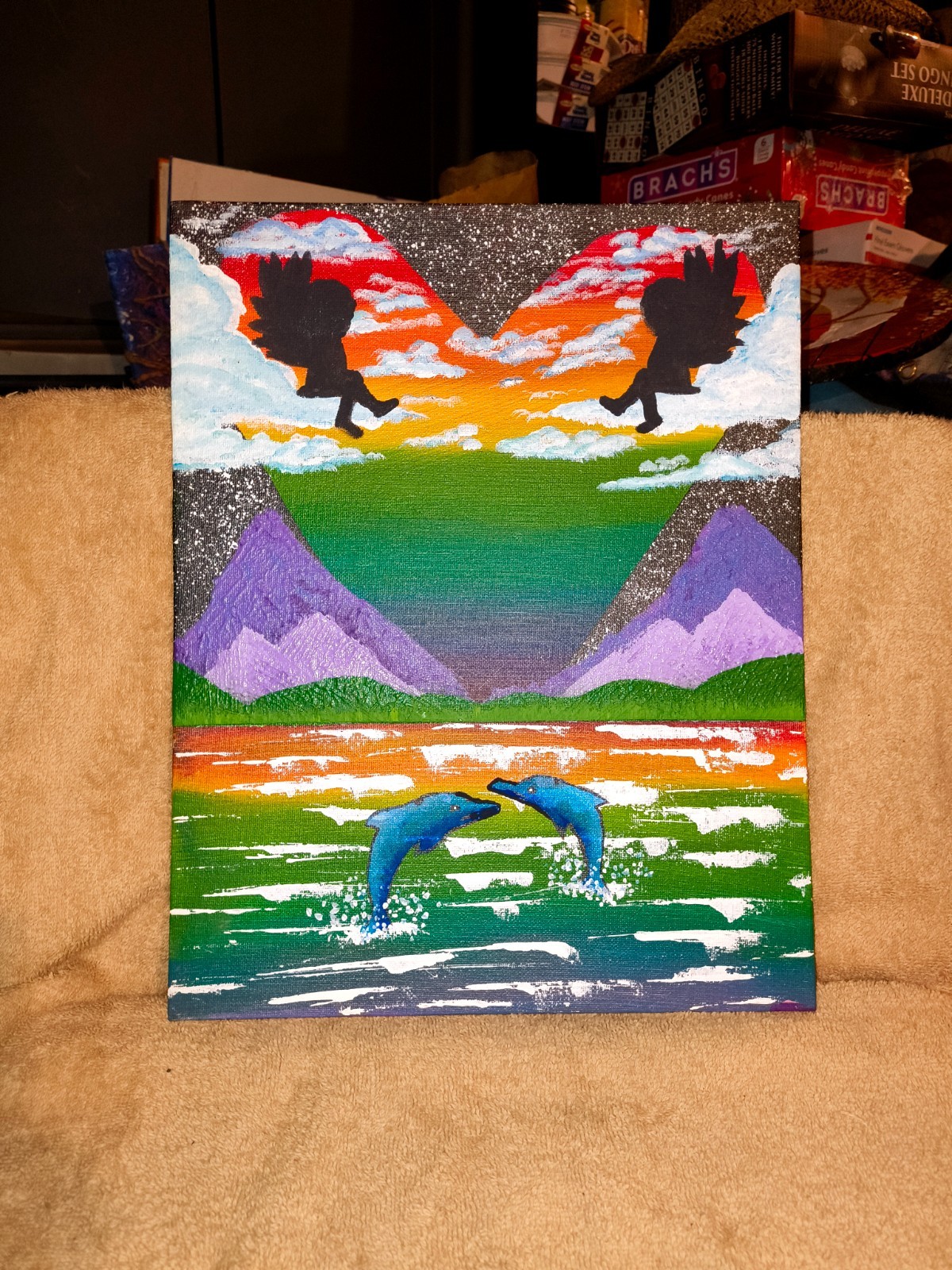 hand painted acrylic rainbow Mt landscape with Angels and dolphins 11 x 14