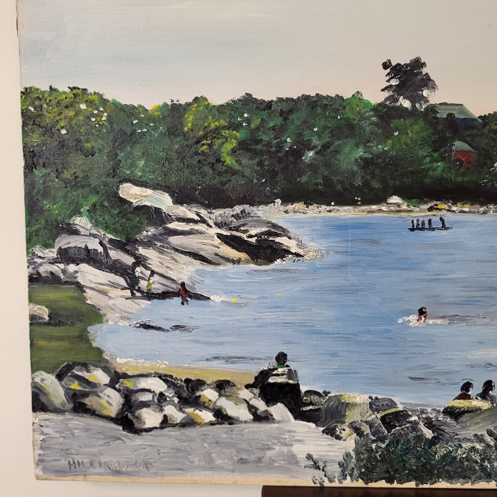 Vintage Lg Unframed Naive/Impressionist Painting People Relaxing at Lake 32×24
