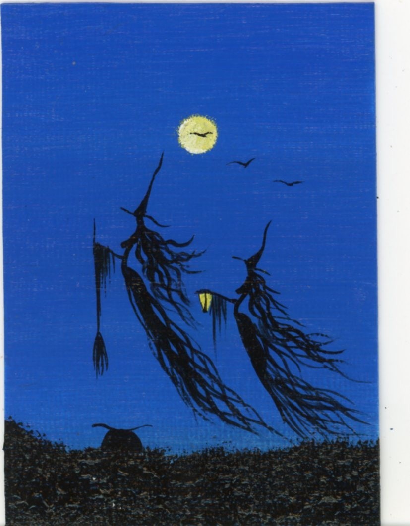 ACEO Original Acrylic Whimsical Witches Broomstick Painting Collectible HYMES
