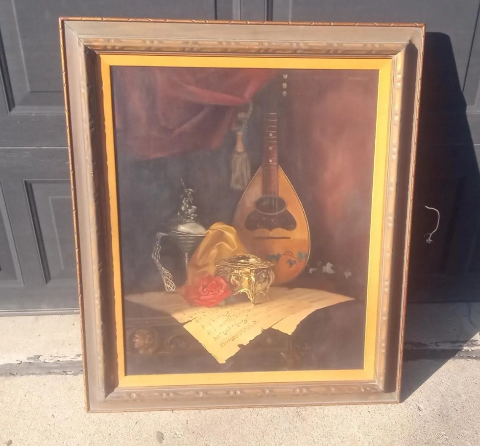 Bruce Kimberling 1950’s Oil Painting on Canvas Still Life / Rose / Sheet Music
