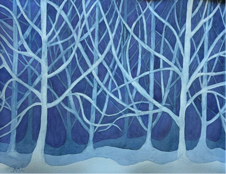 PAINTING WATERCOLOR ORIGINAL ART TREES BLUE PURPLE WINTER SEASON 11X14 MAT 16X20