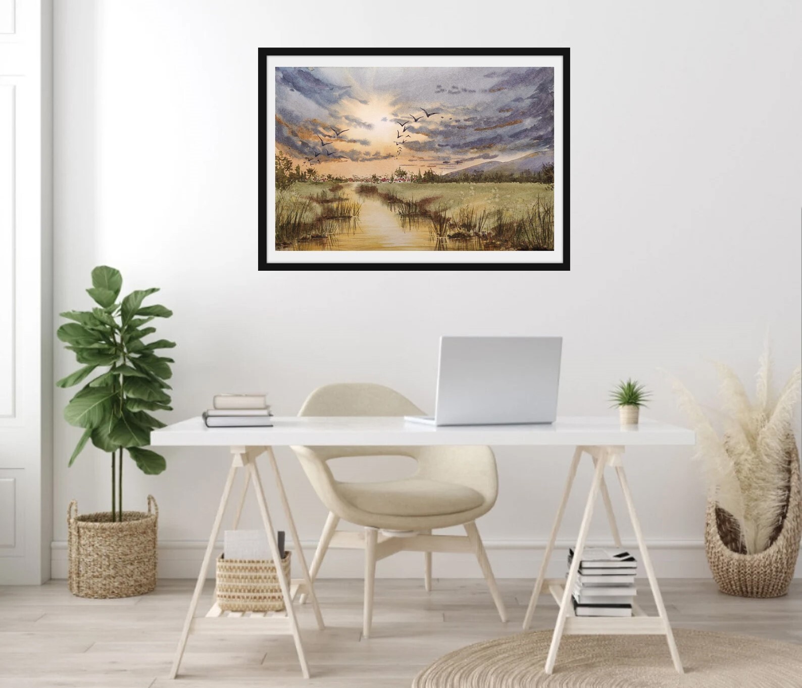 GEESE FLYING CLOUDY SKY Original Artwork Painting Landscape DUCKS FLY SUN GiftA4